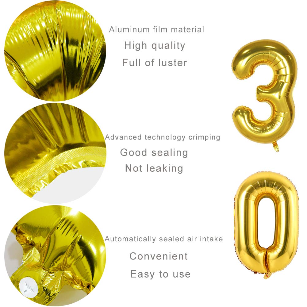 Rose Gold Number Balloons 32 Inch - Foil Helium Balloons for Birthday Party Decorations, Wedding, Anniversary & Baby Shower Events (Gold30)