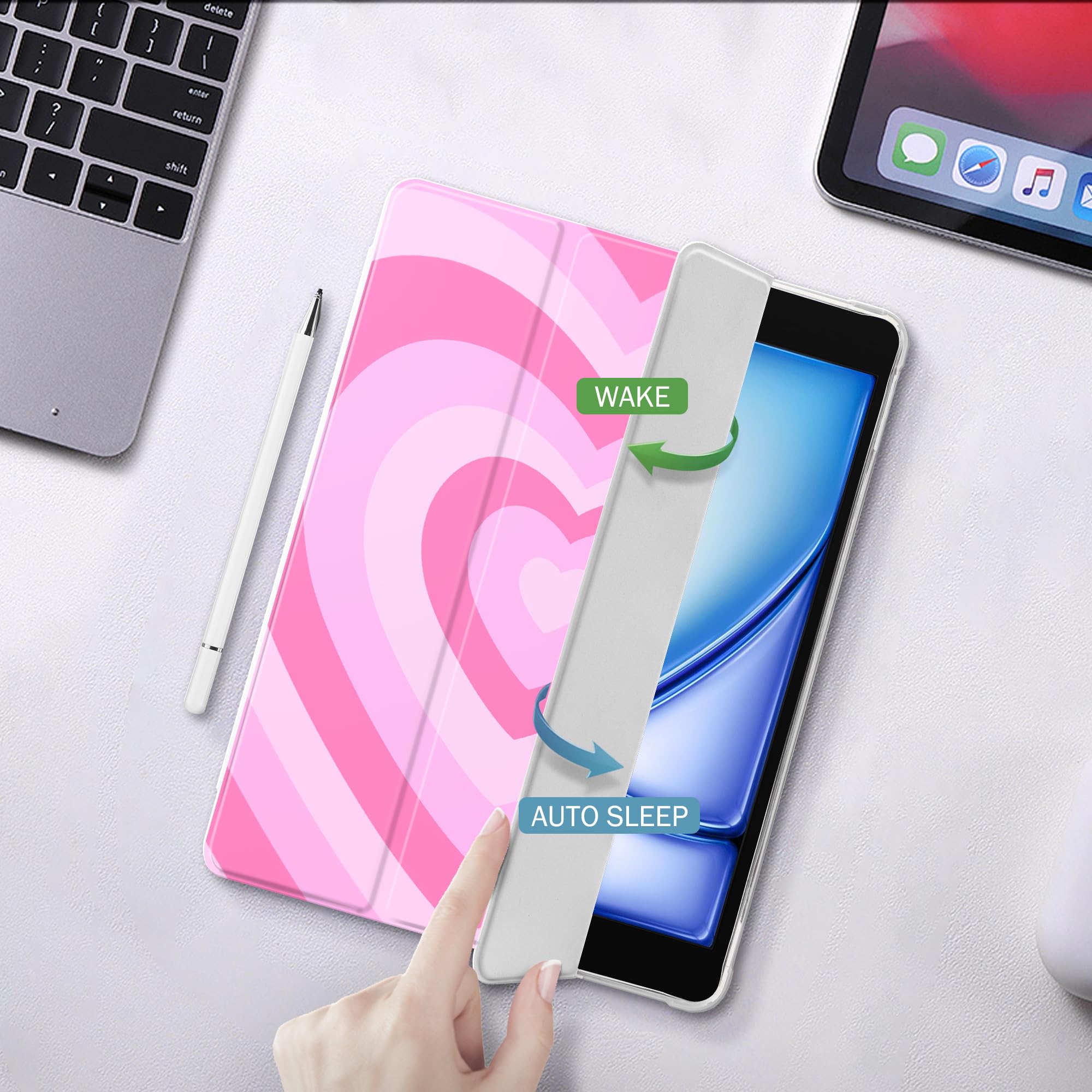 Pink Heart iPad Case for iPad 7th/8th/9th Gen (10.2 Inch 2019/2020/2021) - Cute Girly Abstract Design with Pencil Holder, Anti-Scratch & Shockproof Smart Trifold Stand Cover - Perfect for School, Work & Travel