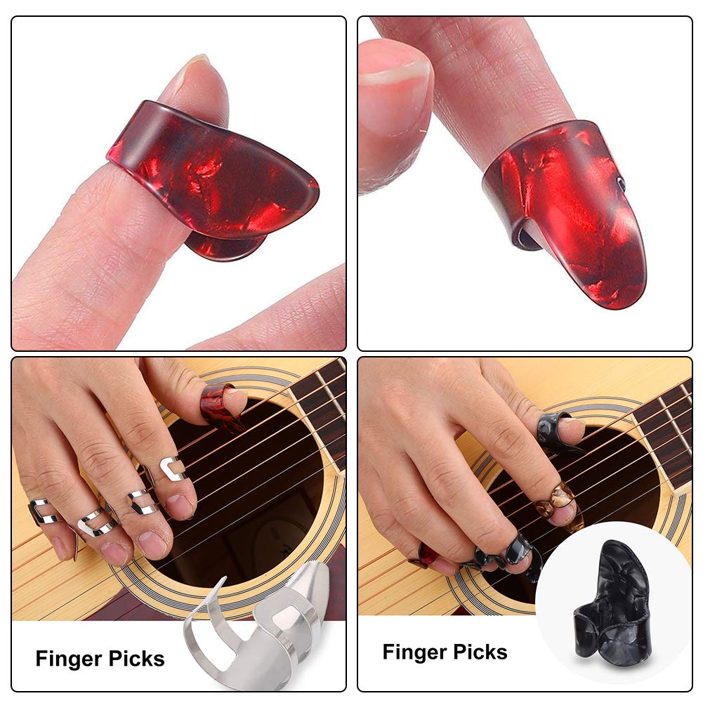 15Pcs Guitar Picks Variety Pack with Plastic Storage Box - Durable Thumb Picks & Finger Protectors for Guitar Training, Practice & Live Performances - Perfect for Beginners & Professional Musicians