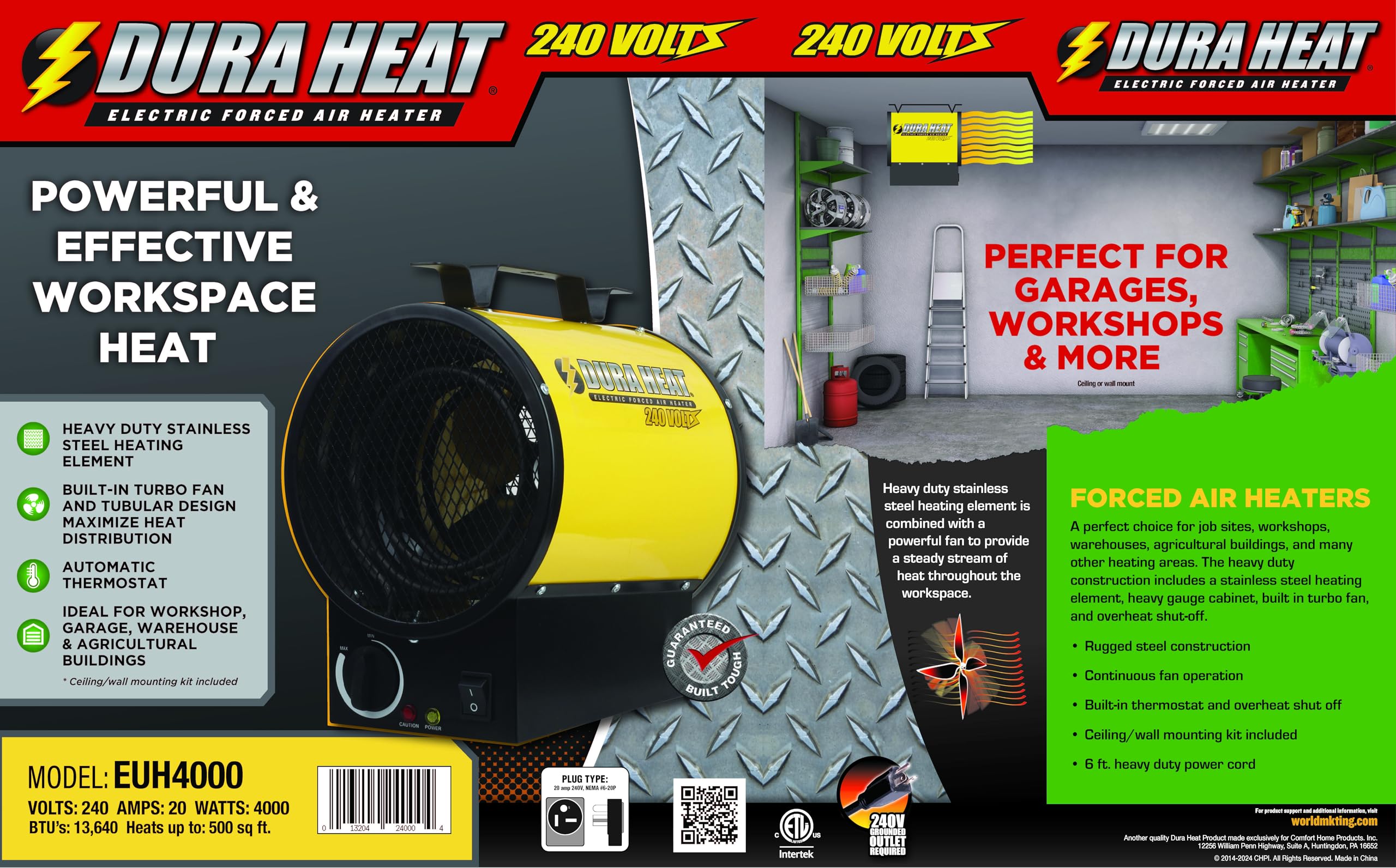 Dura Heat 240V Electric Forced Air Garage Heater with Overheat Protection - Medium Size, Yellow - Perfect for Workshop, Warehouse & Industrial Space Heating