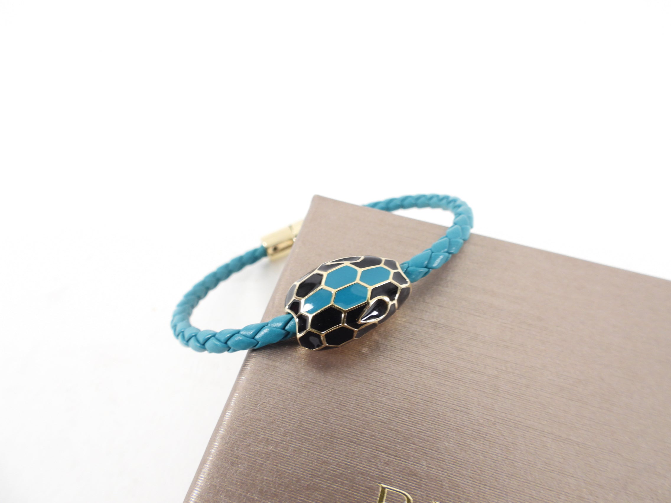 Bvlgari Serpenti Snake Bracelet - Turquoise Green Woven Leather Women's Jewelry for Luxury Fashion & Evening Wear