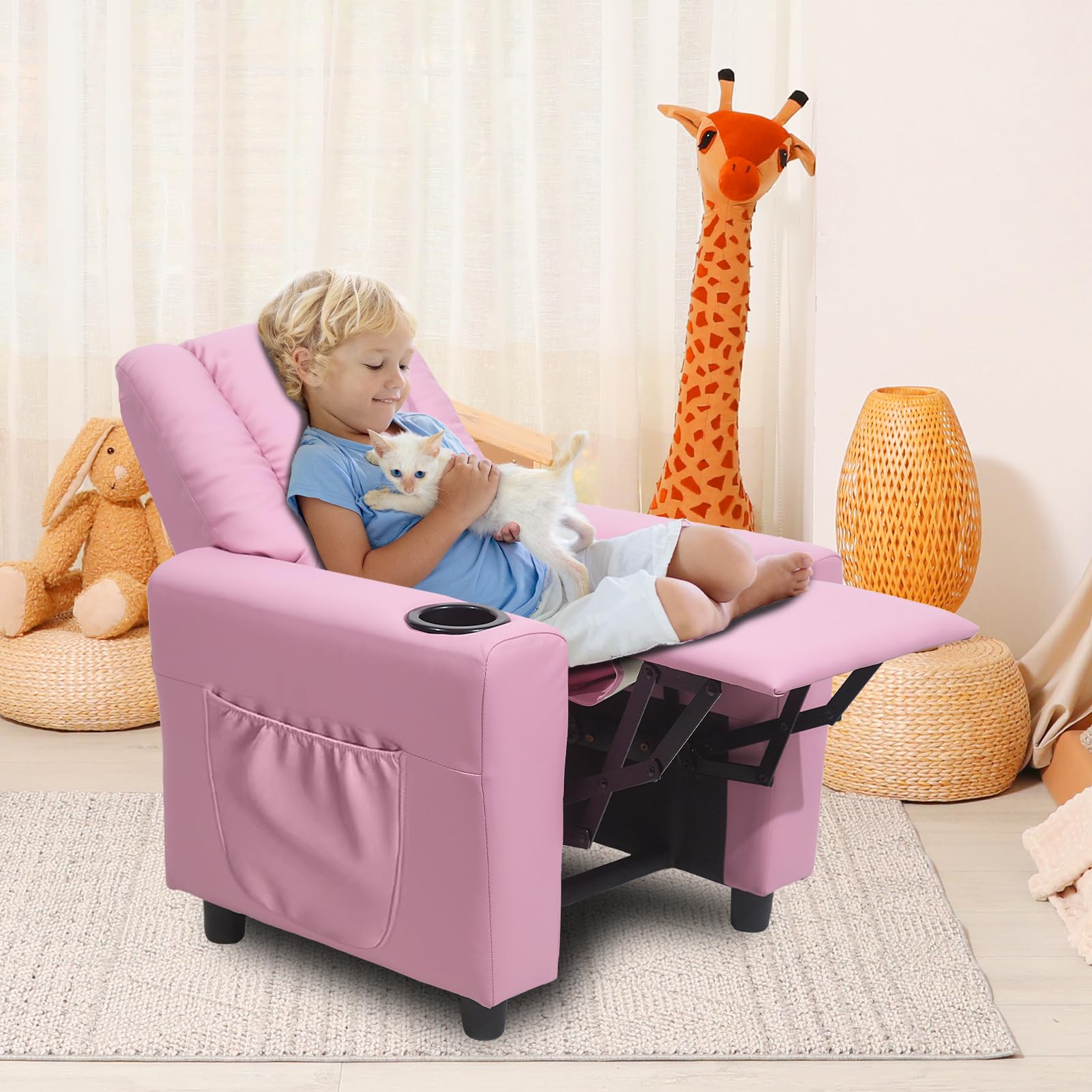 Best Kids Recliner Chair for Toddlers Age 2-4 - Soft Leather Lounge Chair with Cup Holder & Side Pocket - Pink Toddler Recliner for Boys & Girls - Perfect for Bedroom, Playroom & TV Time