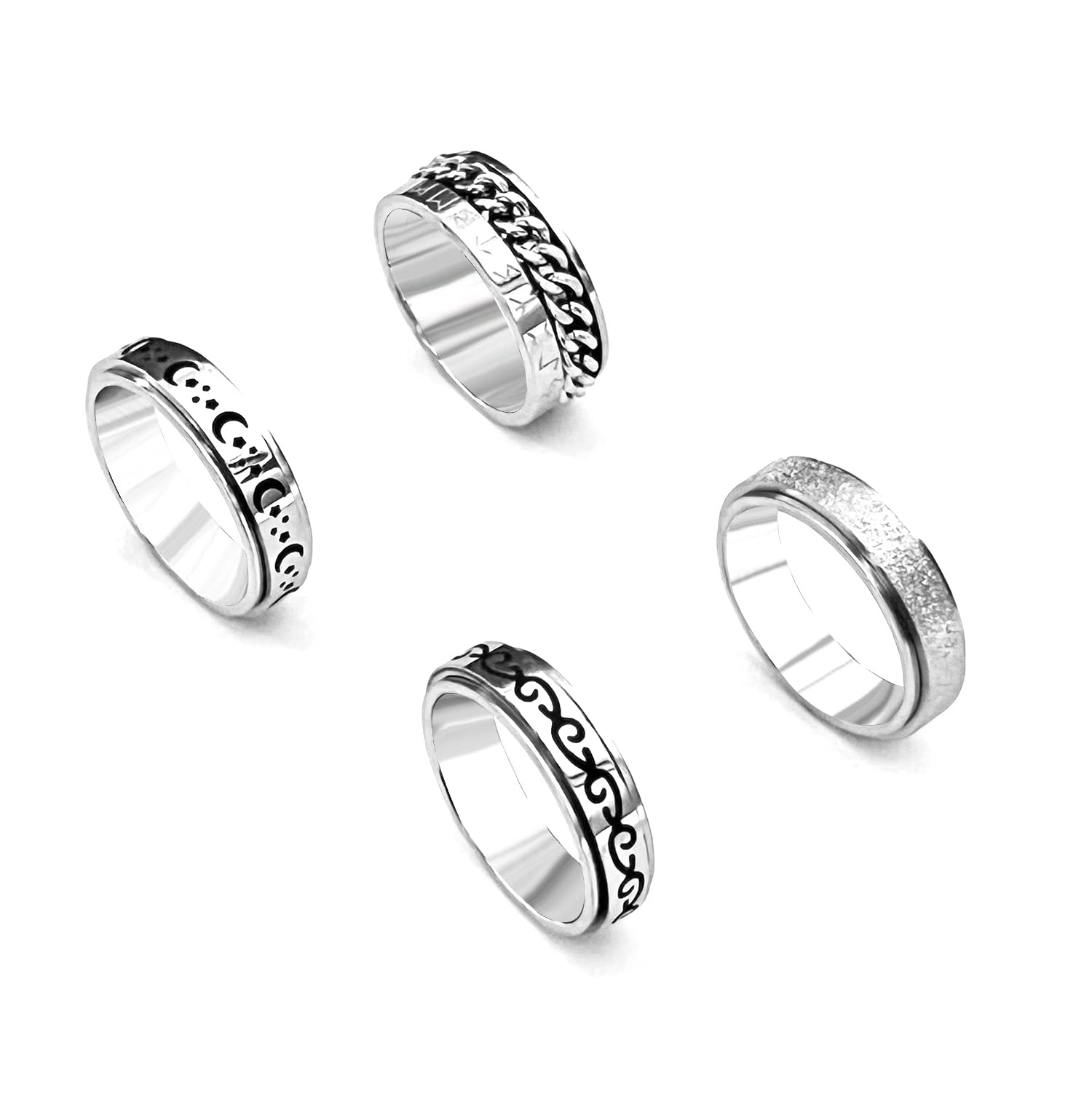 4pcs Stainless Steel Anxiety Spinner Rings for Women & Men - Vintage Silver Fidget Rings for Stress Relief, Stackable Spinning Chain Star Moon Viking Design - Perfect for ADHD, Anxiety Relief & Focus at Work, School or Home
