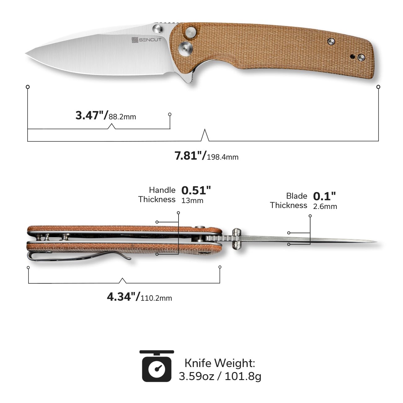 SENCUT Sachse Folding Pocket Knife - 9Cr18MoV Satin Blade, Brown Micarta Handle, Button Lock & Clip - EDC Knife for Men & Women | Camping, Hiking, Survival, Everyday Carry, Outdoor Activities & Gifts S21007-3