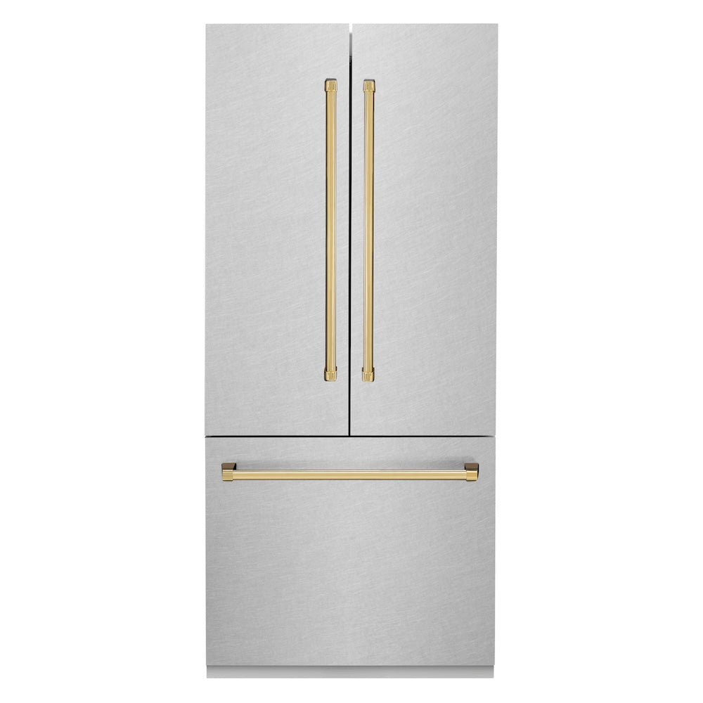 ZLINE Autograph Edition 36 Inch French Door Built-In Refrigerator - 19.6 cu ft Bottom Freezer with Water Dispenser & Ice Maker - Satin Stainless Steel with Polished Gold Accents (RBIVZ SN 36 G) - Perfect for Modern Kitchens & Luxury Homes