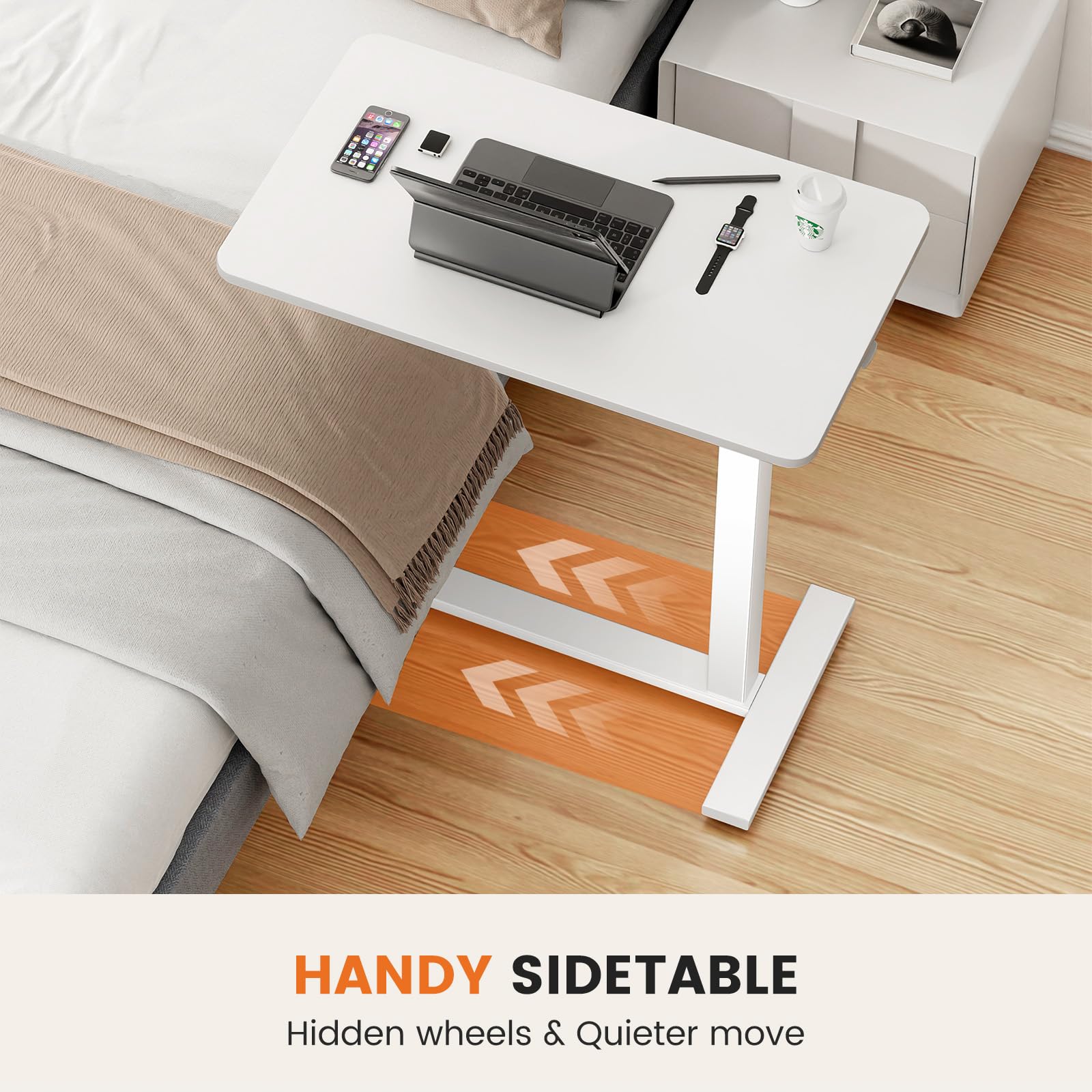 Adjustable Overbed Table with Wheels - Portable Laptop Desk for Bed, Standing Work & Writing | Mobile Rolling Desk with Height Adjustment | Perfect for Hospital, Home Office & Dorm Room (White)