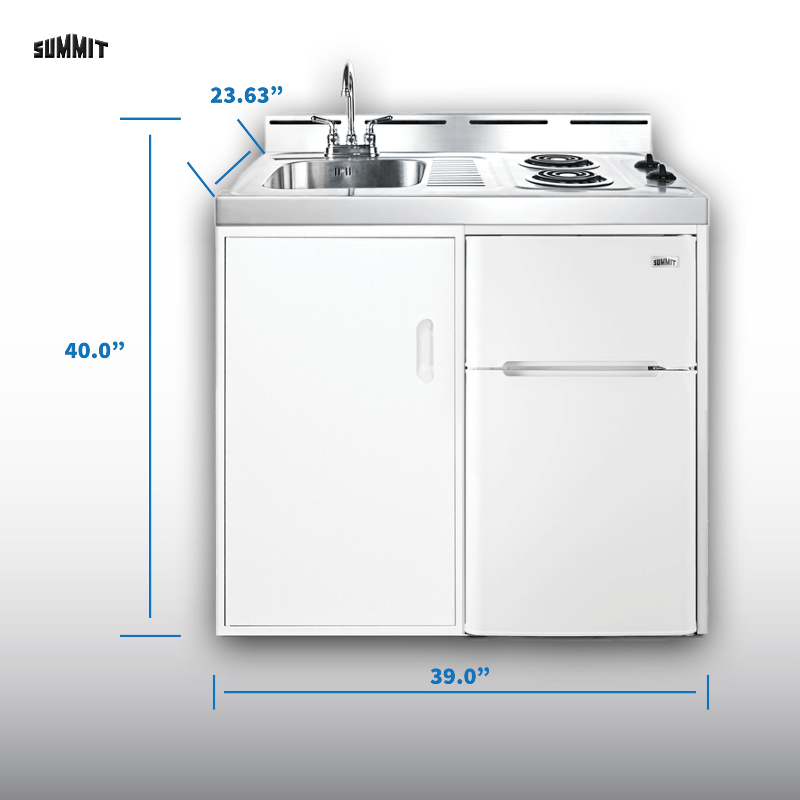 Summit 39-Inch Wide All-In-One Kitchenette with 2-Door Refrigerator-Freezer, 2-Burner Cooktop, Sink & Storage - White (C39EL) - Perfect for Small Apartments, Studios, Dorm Rooms & Tiny Homes