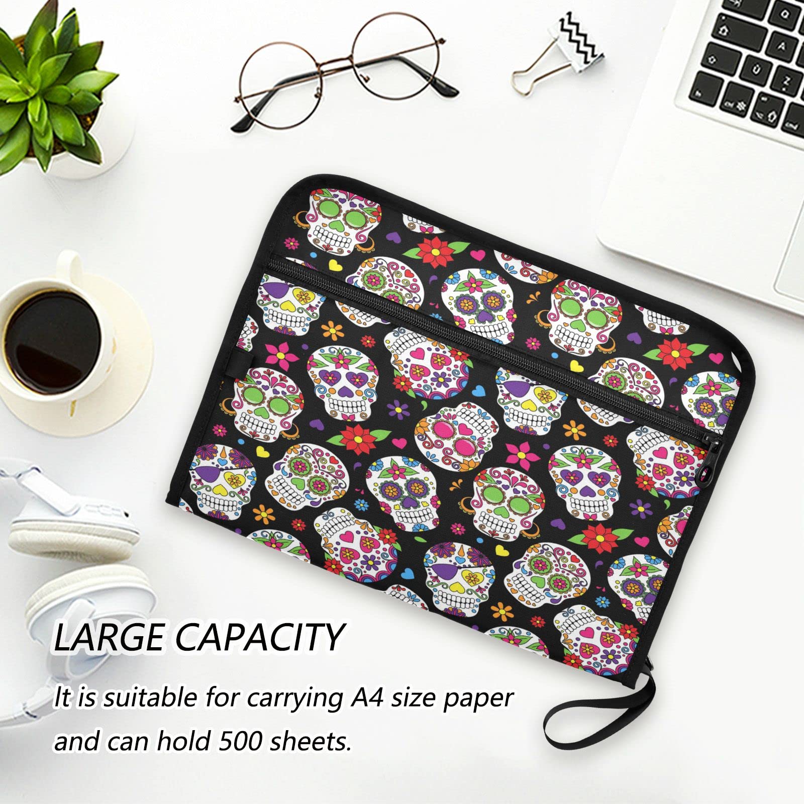 Kcldeci 13-Pocket Expanding File Folder with Zipper Closure - Sugar Skull Design Document Organizer for A4/Letter Paper - Perfect for Office, School, and Home Organization