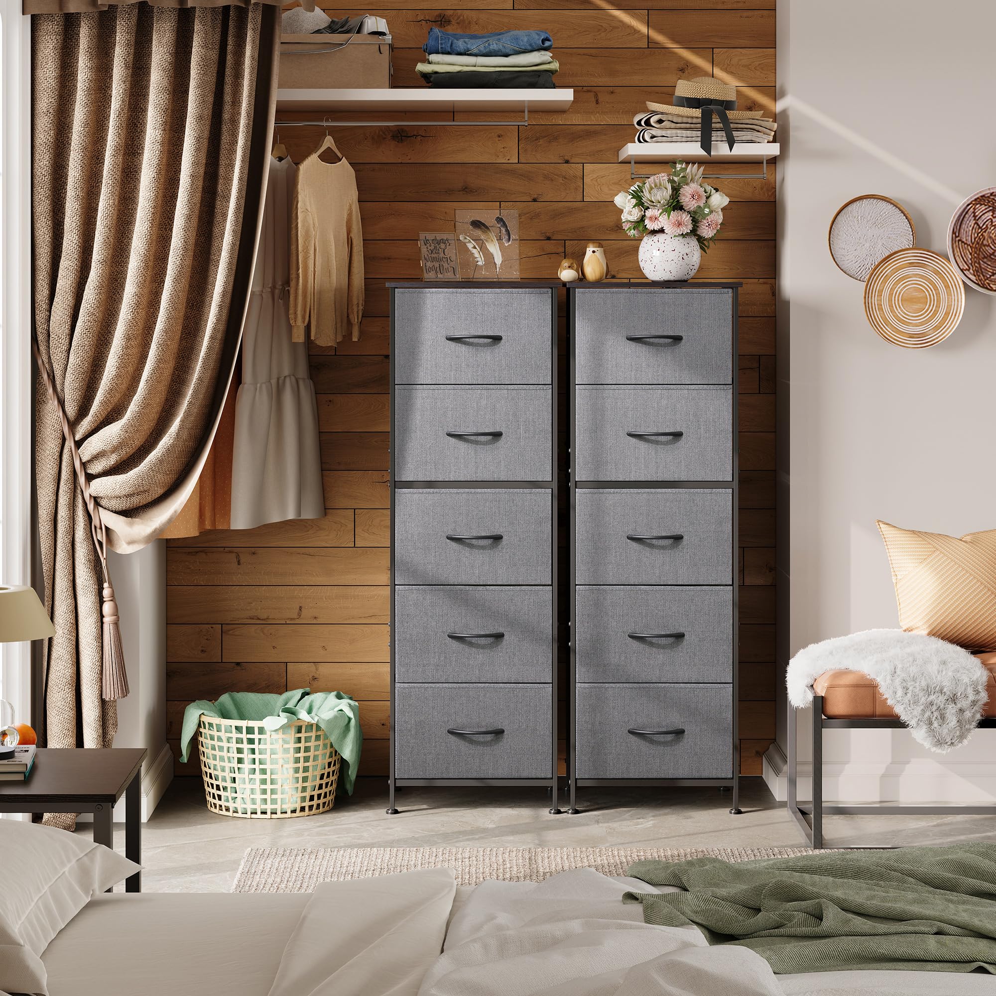WLIVE 5-Drawer Fabric Dresser with Wood Top & Steel Frame - Tall Bedroom Storage Organizer with Fabric Bins for Clothes, Blankets & Toys - Perfect for Bedroom, Closet or Hallway Organization - Dark Grey