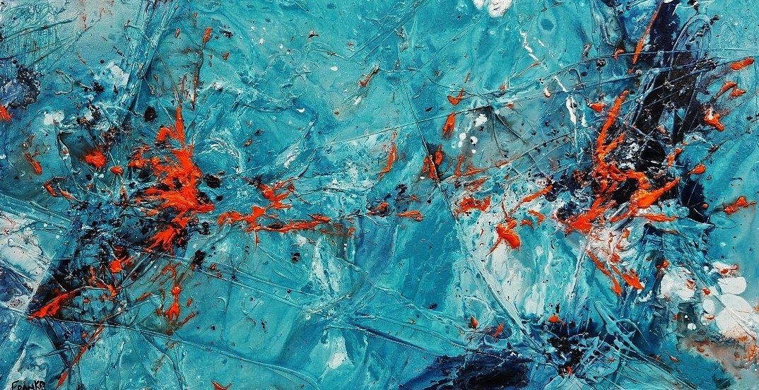 Blue Orange Textured Abstract Painting 190cm x 100cm - Modern Large Wall Art for Living Room, Bedroom Decor - Handmade Candy Oranges Canvas Artwork