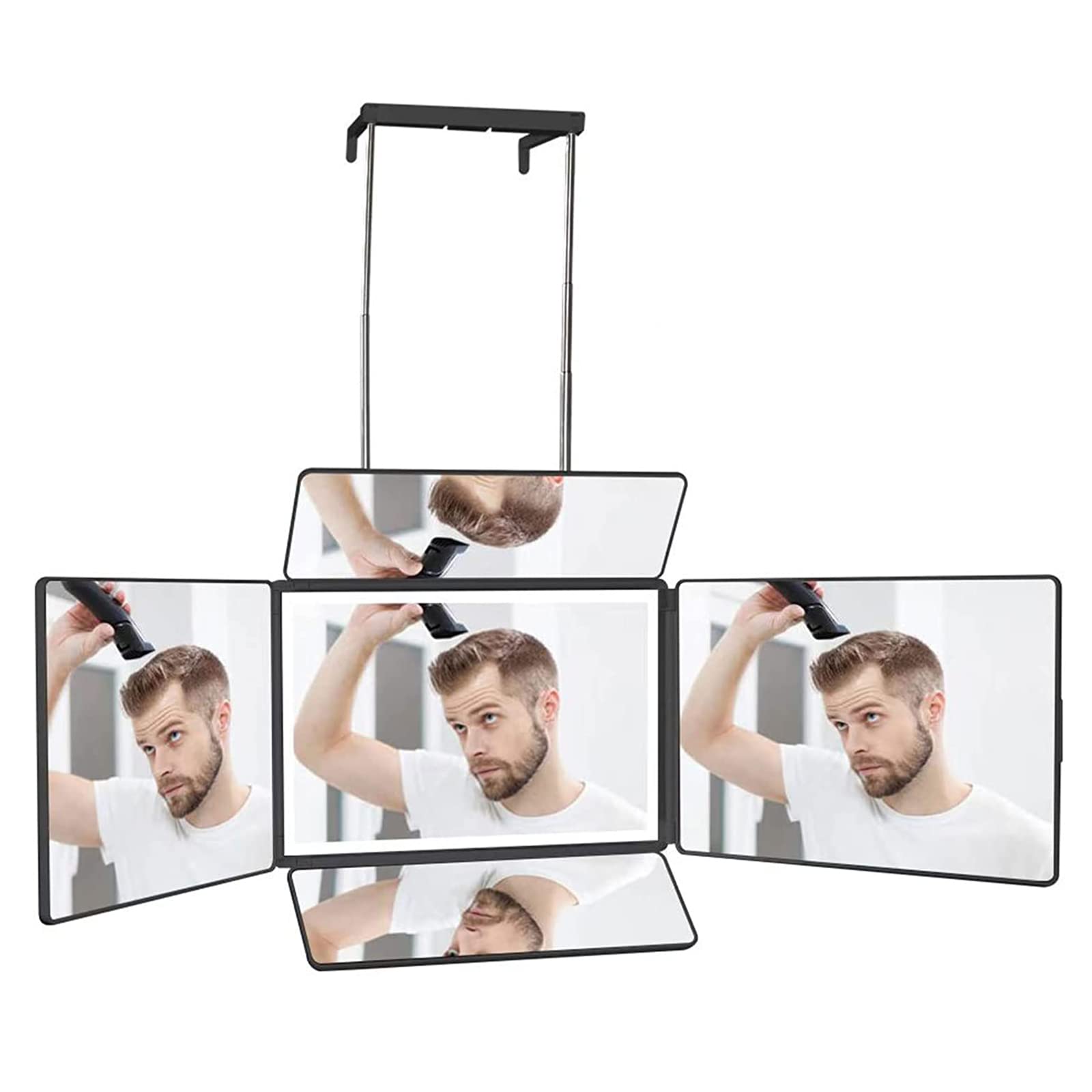 360° LED Lighted 3-Way Mirror for Hair Cutting & Makeup - Adjustable Brightness & Height with Telescoping Hooks - Perfect for Home Salon, Barber Shop & Beauty Routines (Black)