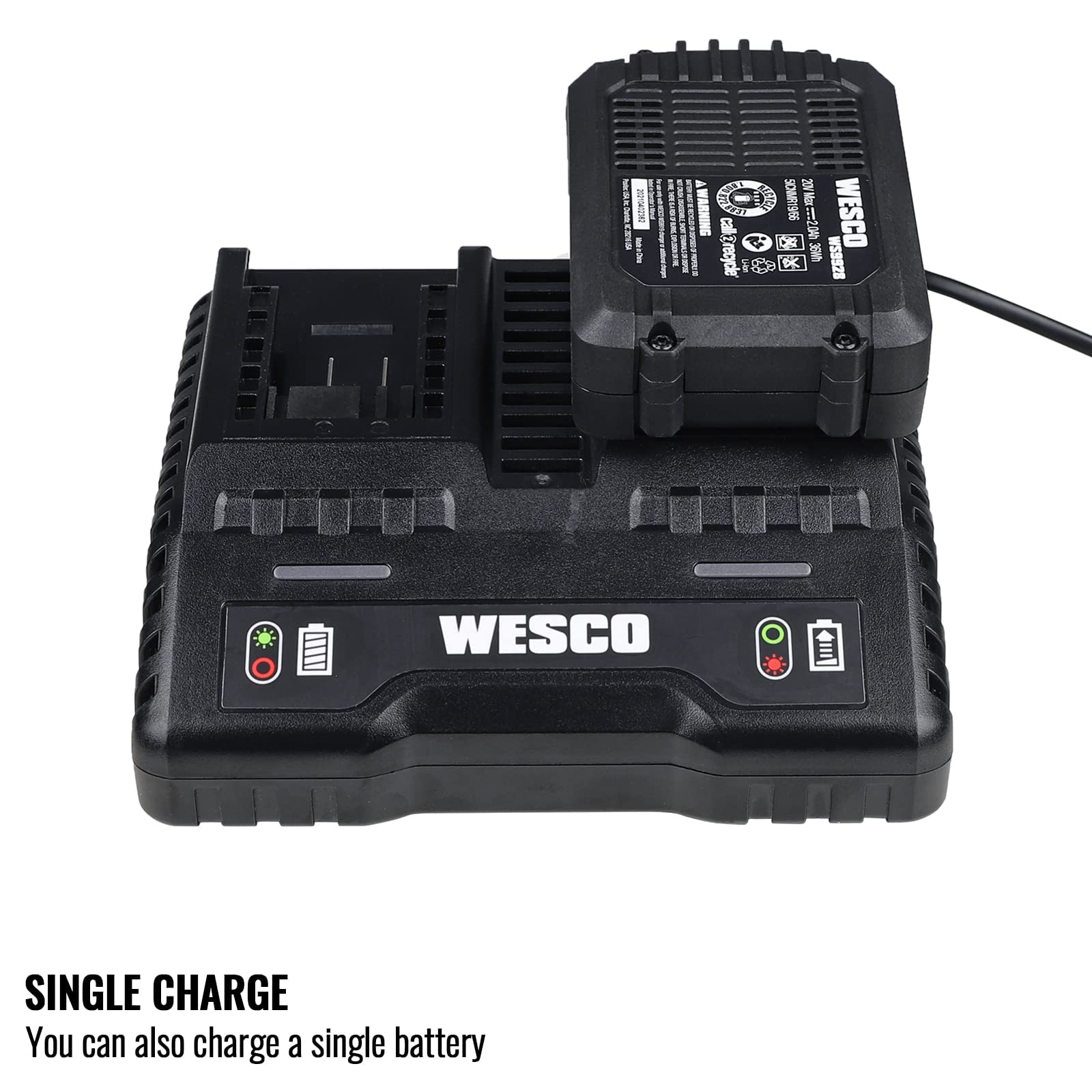 WESCO 20V Fast Charger WS9919 - Compatible with 20V Cordless Power Tools - Perfect for Drills, Saws & Outdoor Power Equipment