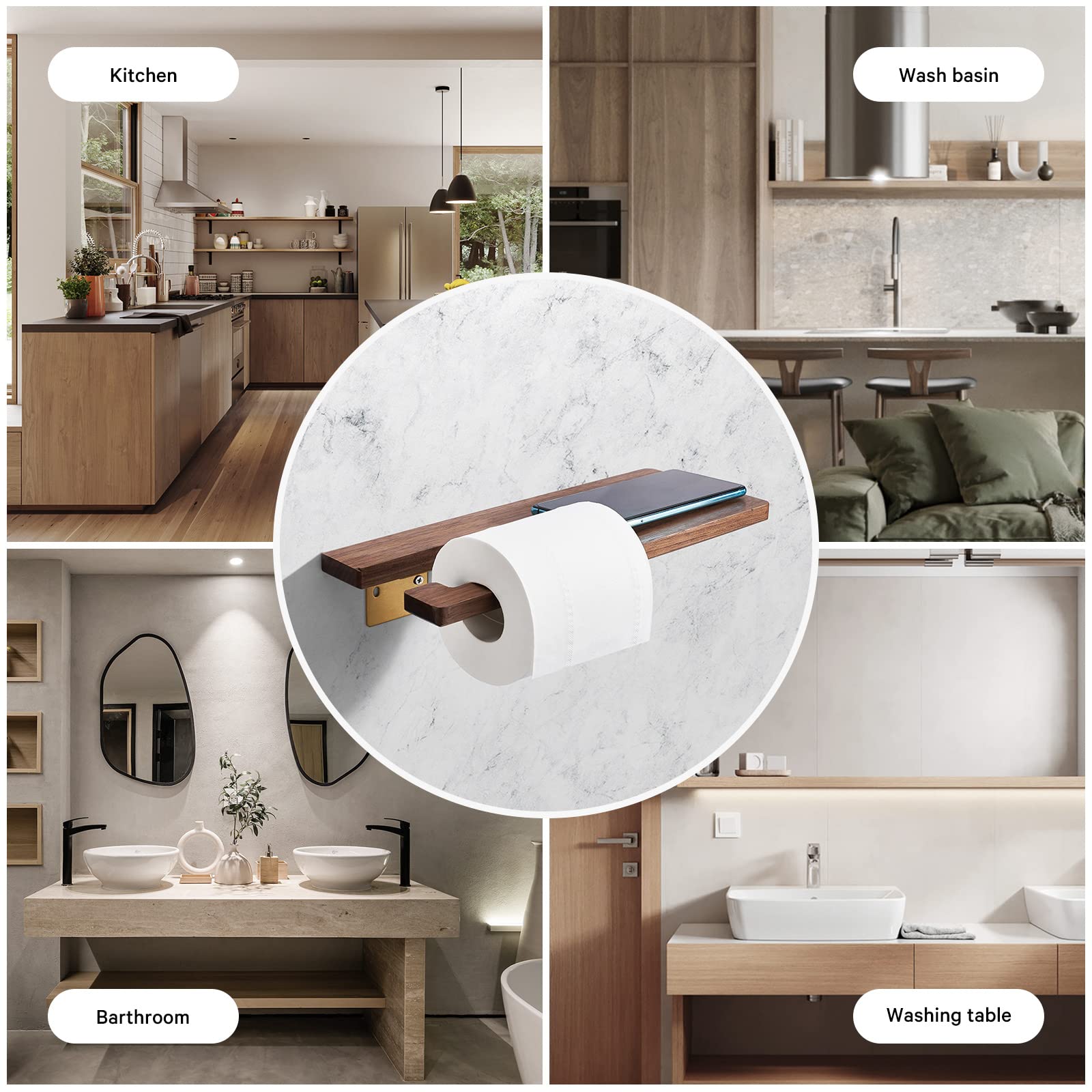 Solid Wood Toilet Paper Holder with Shelf - Brushed Brass Wall Mount Double Roll Storage for Bathroom & Washroom | Bathroom Organization & Space-Saving Solution