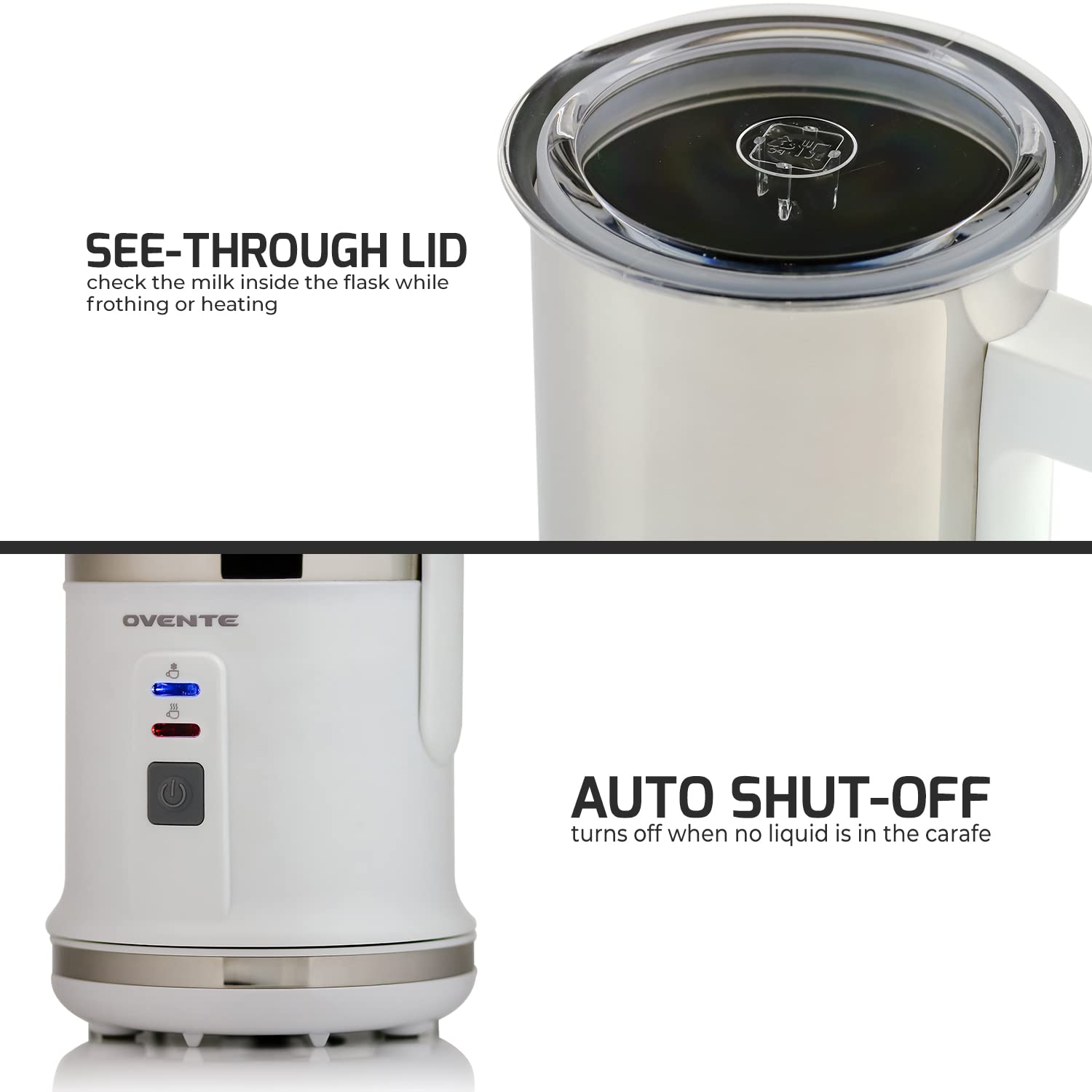 OVENTE Electric Milk Frother with Non-Stick Stainless Steel, Portable Hot & Cold Foam Maker for Coffee, Latte, Cappuccino & Hot Chocolate - Auto Shut-Off, Perfect for Home, Office & Coffee Shops (White, Model FR1208W)