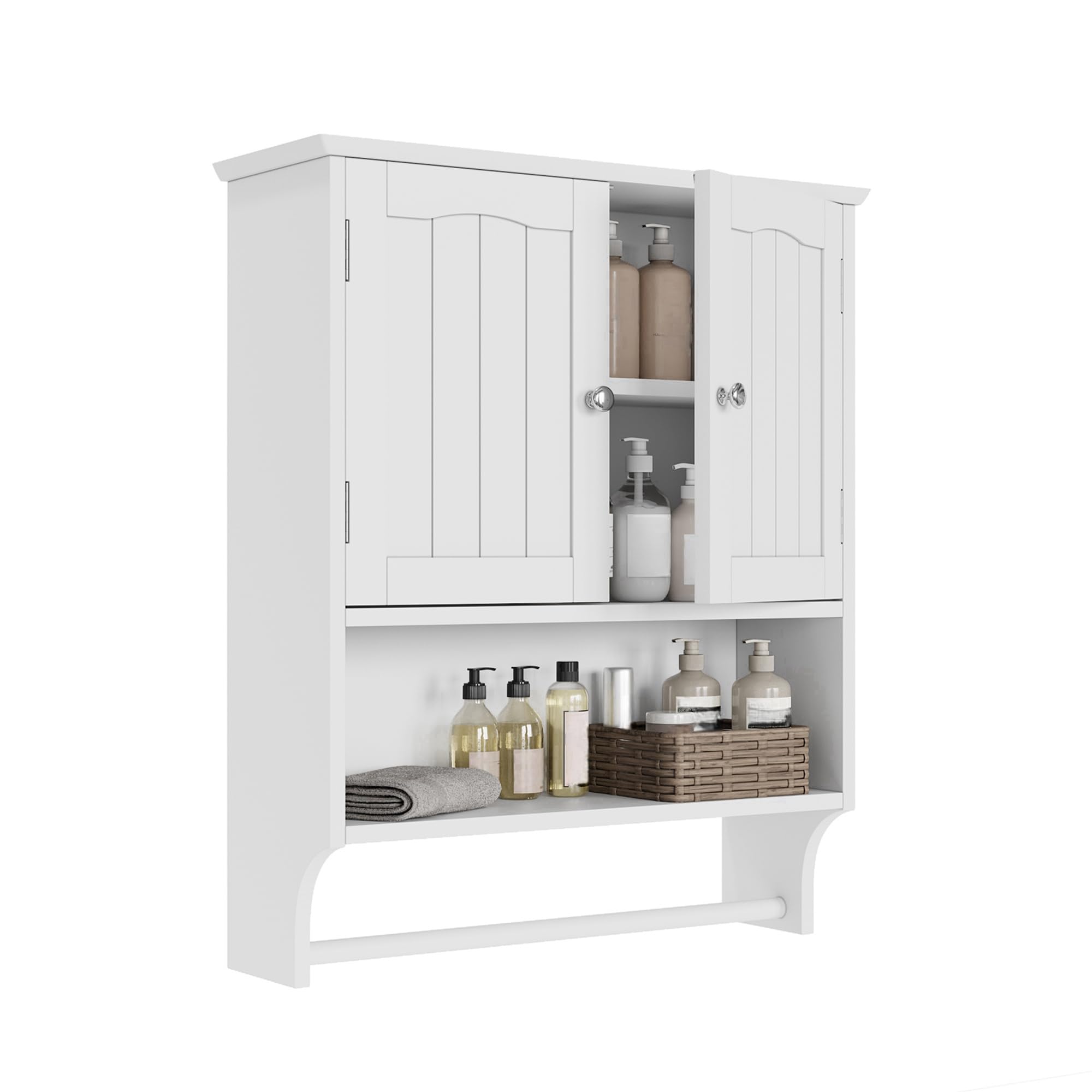Smuxee White Wall Mounted Bathroom Cabinet with Towel Bar - 2 Door Adjustable Shelves Medicine Cabinet | Space Saving Over Toilet Storage for Bathroom, Laundry Room & Kitchen Organization