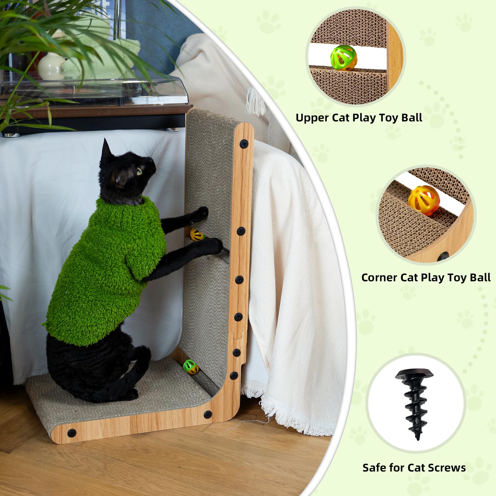 Premium L-Shaped Cat Scratching Post with 2 Cat Ball Toys - Wall & Couch Protector for Indoor Cats - Durable Cat Scratcher Board for Play & Furniture Protection - Perfect for Home, Office & Pet-Friendly Spaces