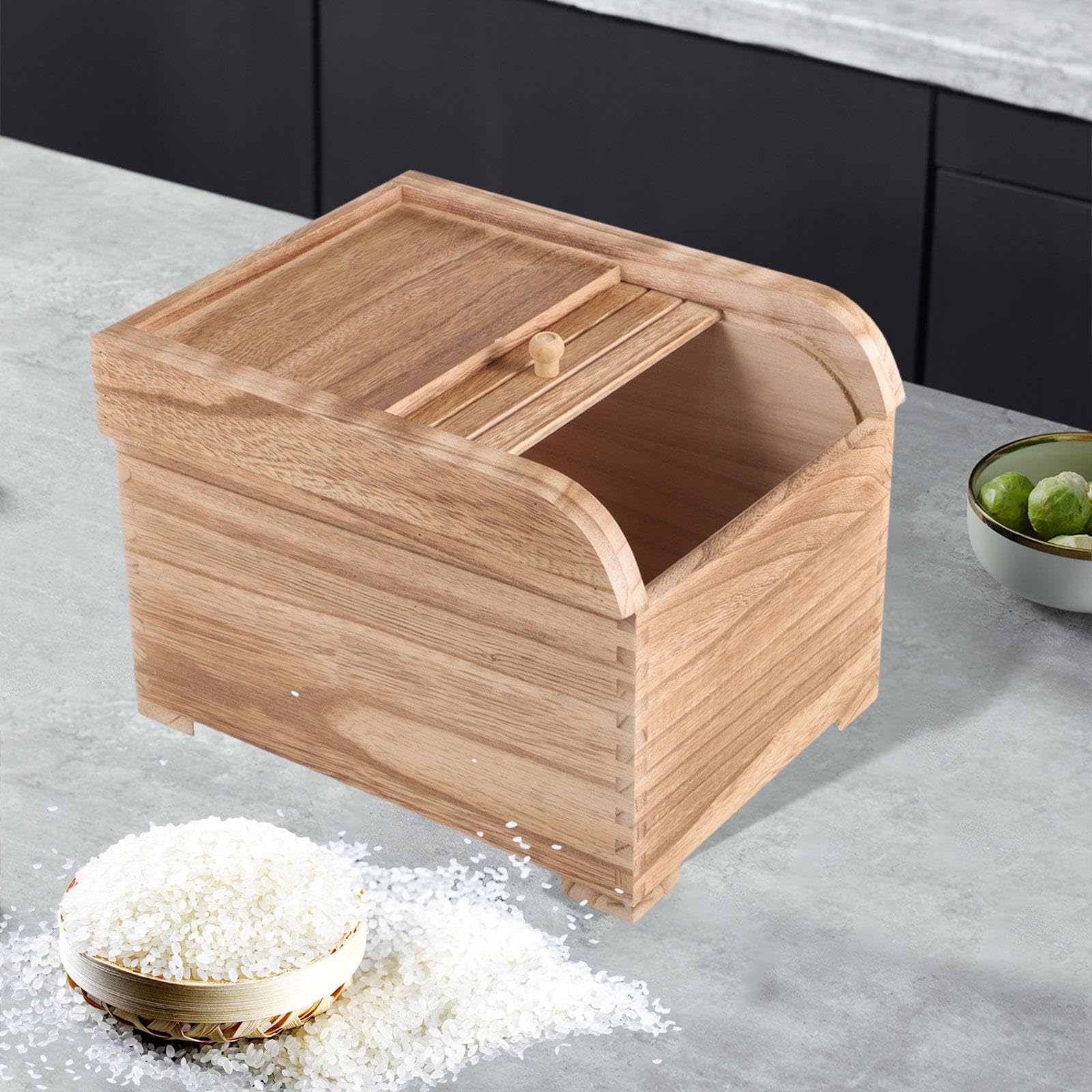 Premium Wooden Rice Storage Container with Sliding Lid - Airtight Food Storage for Cereal, Grains, Flour & Dry Goods - Natural Light Brown Kitchen Organizer for Pantry & Countertop Storage