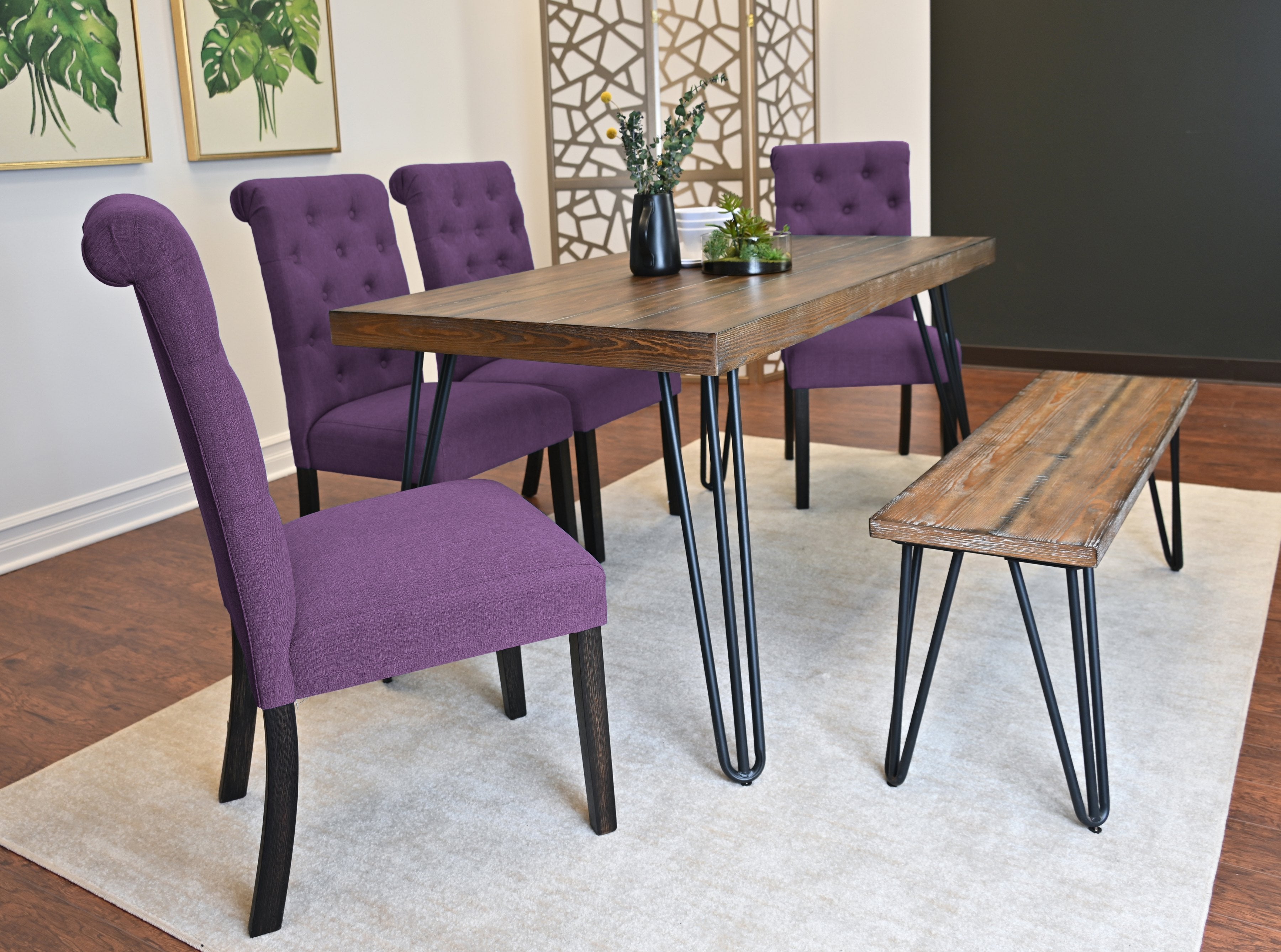 Roundhill Furniture Ashford 6-Piece Dining Set - Hairpin Leg Dining Table with 4 Chairs & Bench - Modern Kitchen & Dining Room Furniture for Small Spaces