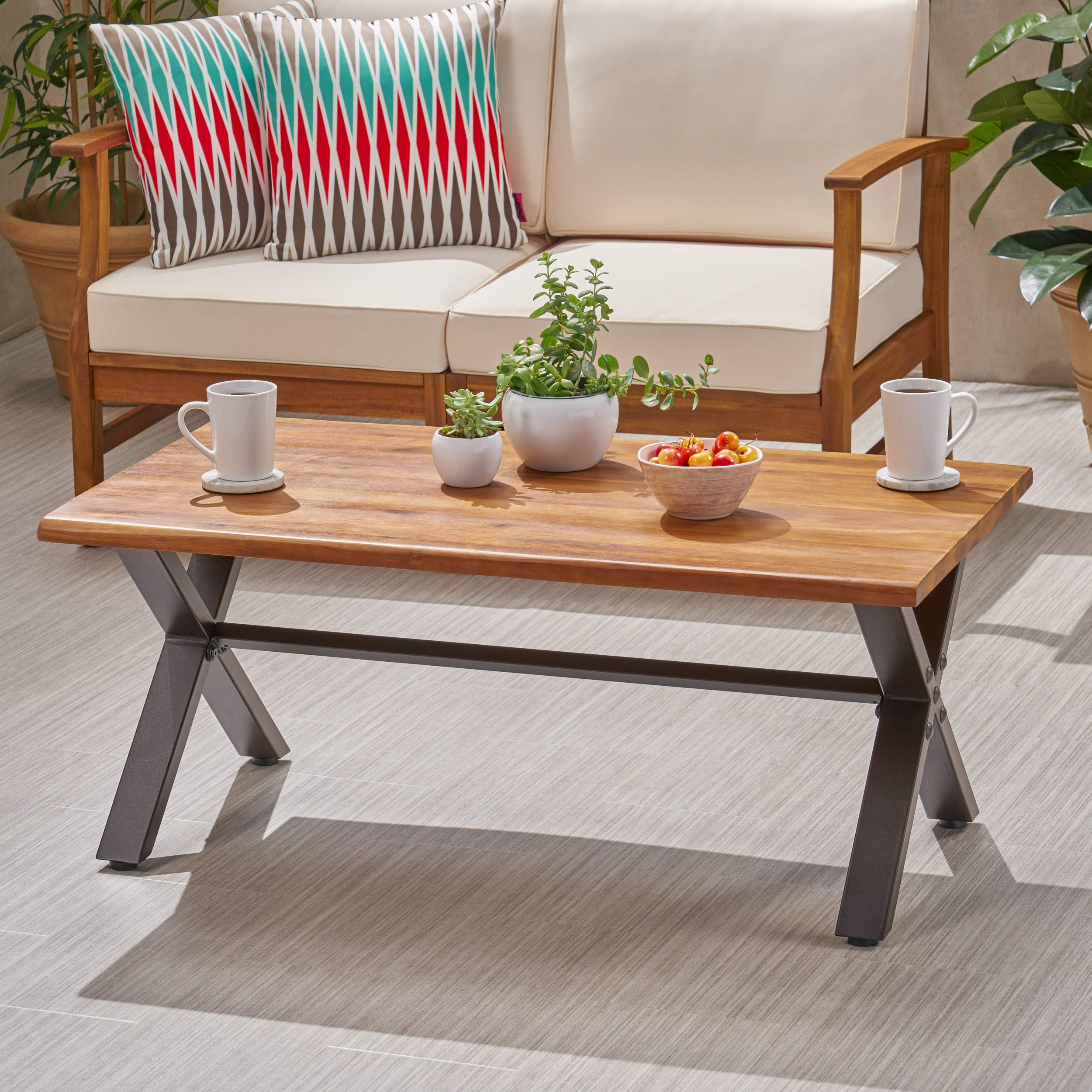 Christopher Knight Home Sanibel Outdoor Acacia Wood Coffee Table - Teak Finish, Rustic Metal Base in Black & Brown - Perfect for Patio, Deck, Garden or Poolside Furniture