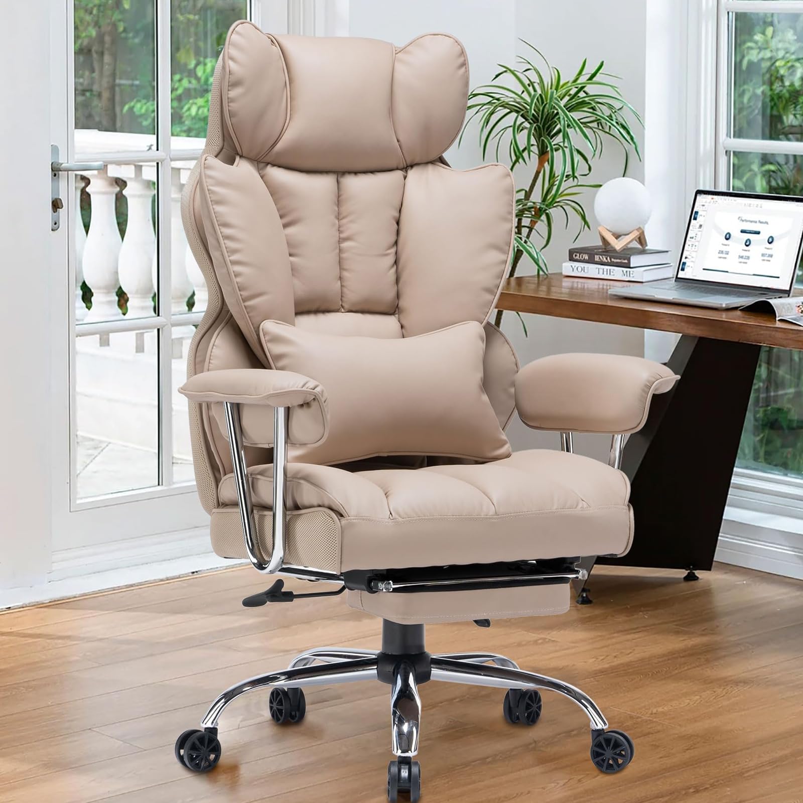 Efomao 400LBS Heavy Duty Executive Office Chair - Big and Tall PU Leather Computer Desk Chair with Adjustable Lumbar Support & Footrest - Dark Beige Ergonomic Chair for Home Office, Gaming & Workspace