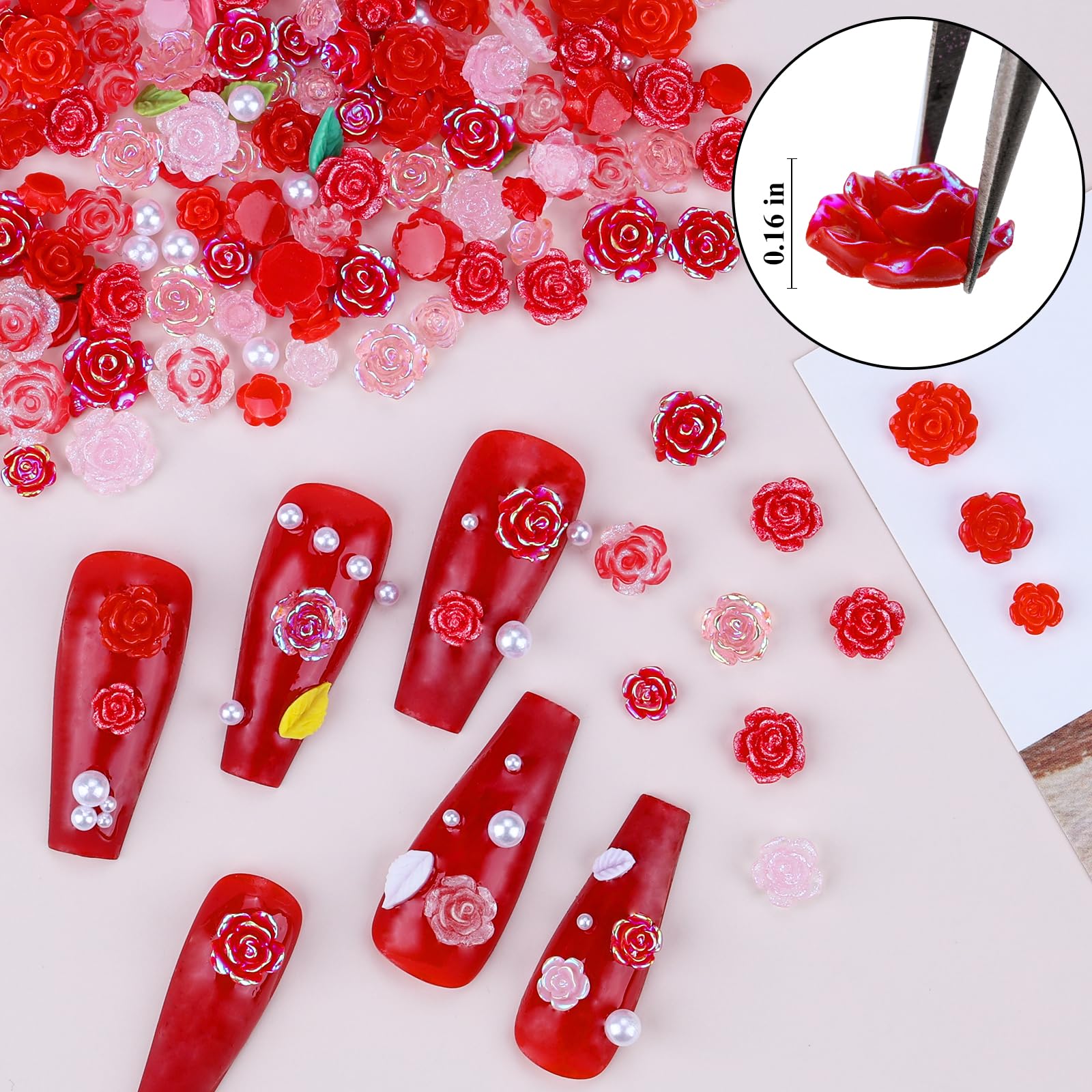 400Pcs 3D Camellia Flower Nail Charms - Pink Rose Floral Nail Gems with White Pearls for Acrylic Nails | DIY Nail Art Accessories for Women | Perfect for Bridal, Party & Salon Nail Designs (Red)