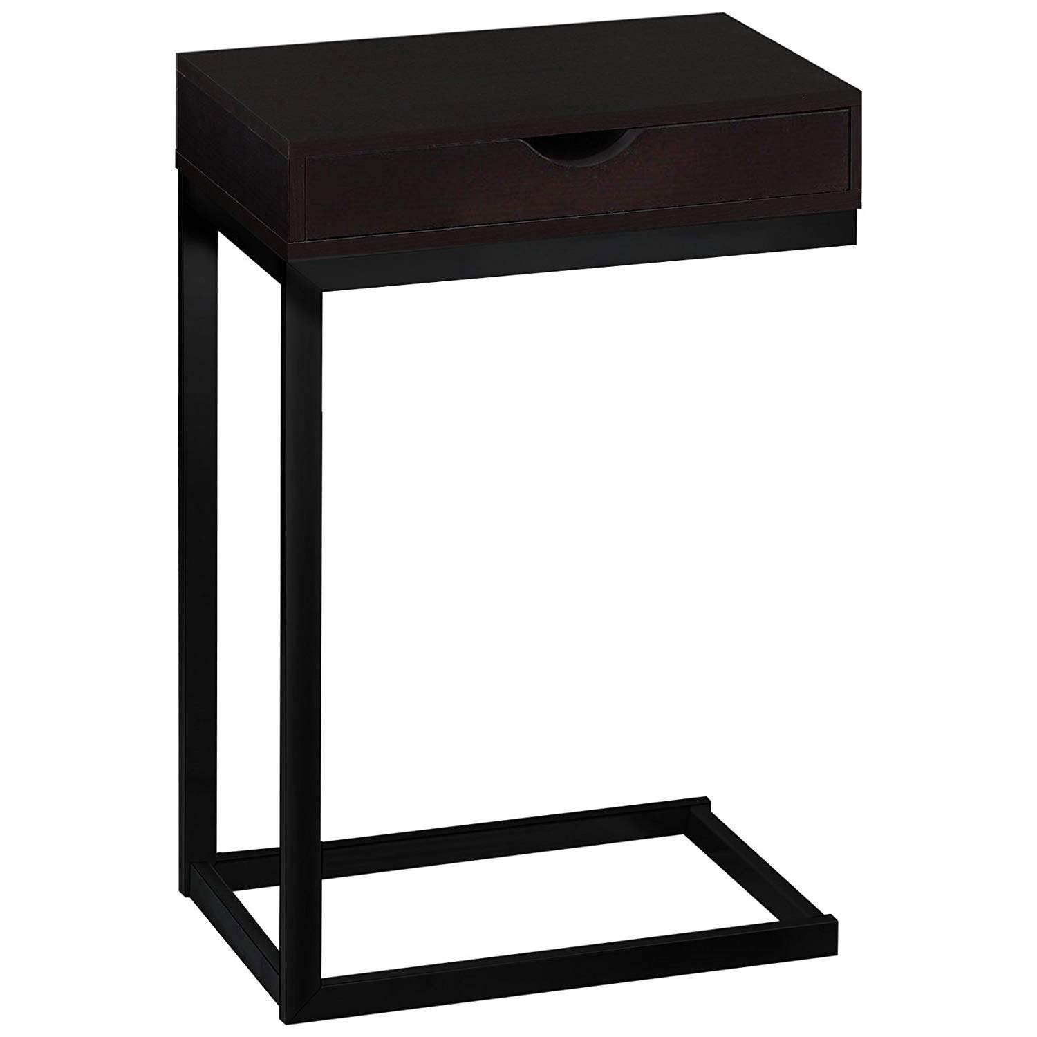 Monarch Specialties C Accent Table with Drawer - Black Metal Base & Cappuccino Finish | Modern Side Table for Living Room, Bedroom, or Office