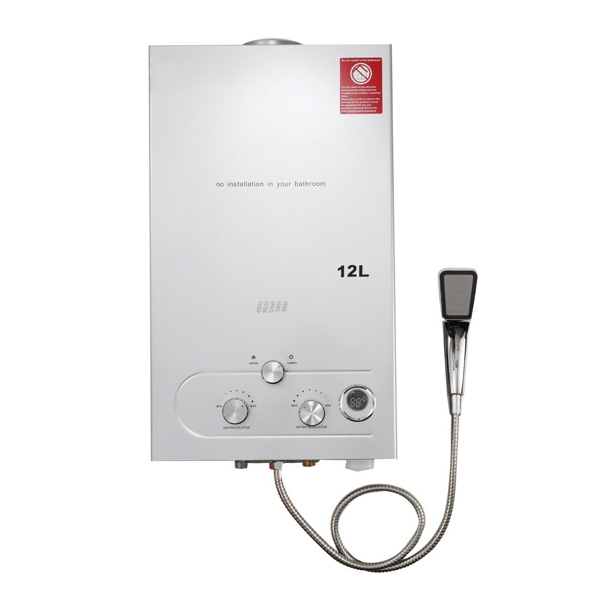 ECUTEE 12L 24KW LPG/Propane Gas Water Heater - Instant Tankless Gas Water Heater with Shower Kit for Outdoor Use, Silver - Perfect for Camping, RV, and Off-Grid Living