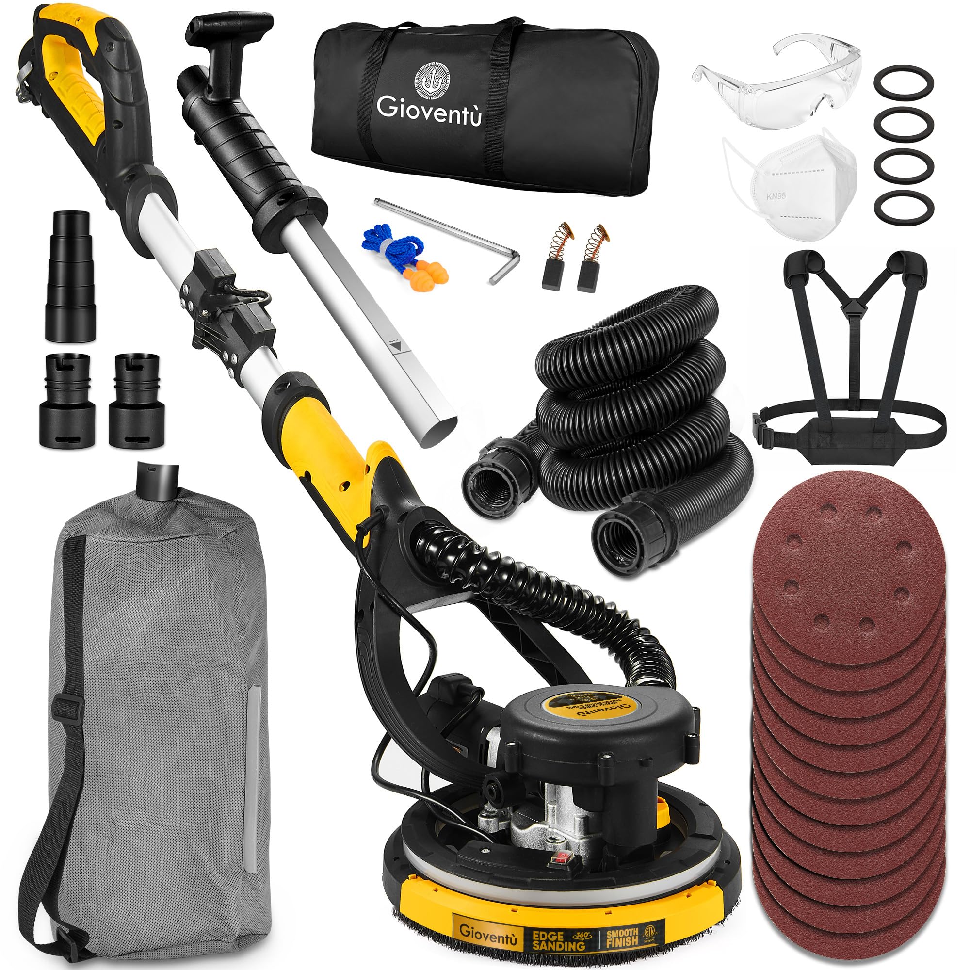 Electric Drywall Sander with Vacuum Attachment - 7-Speed Adjustable (900-1800 RPM), Auto Dust Collection & Ergonomic Strap - Perfect for Drywall, Popcorn Ceilings, Plaster and Home Renovation Projects