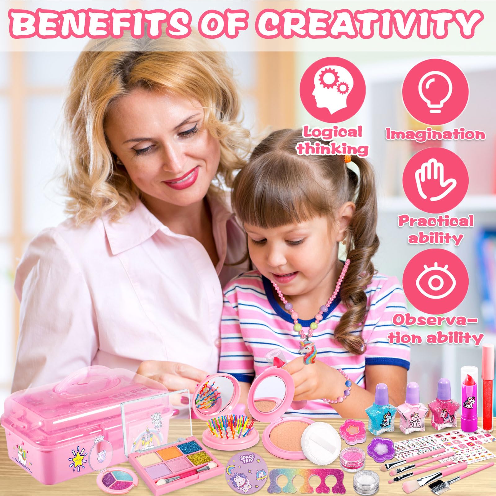 Kids Makeup Kit - 35 Pcs Washable Cosmetics for Girls, Non-Toxic Princess Beauty Gift for Ages 3-10+ | Dress-Up & Pretend Play
