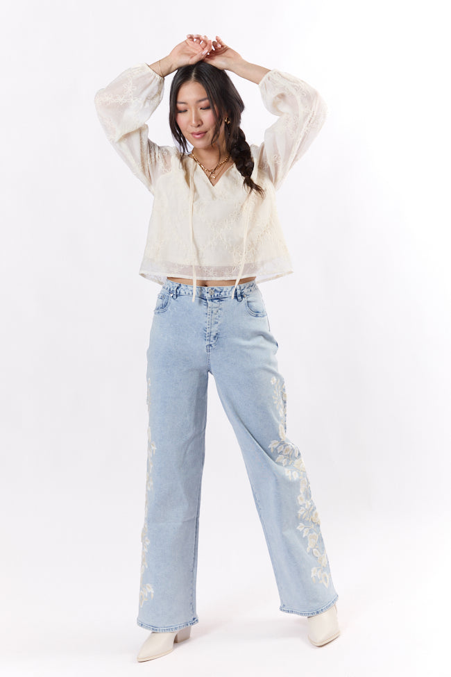 Daisy Light Wash Floral Embroidered Wide Leg Jeans for Women - High Waisted Comfort Denim Pants - Perfect for Casual Outfits, Spring Fashion & Boho Style