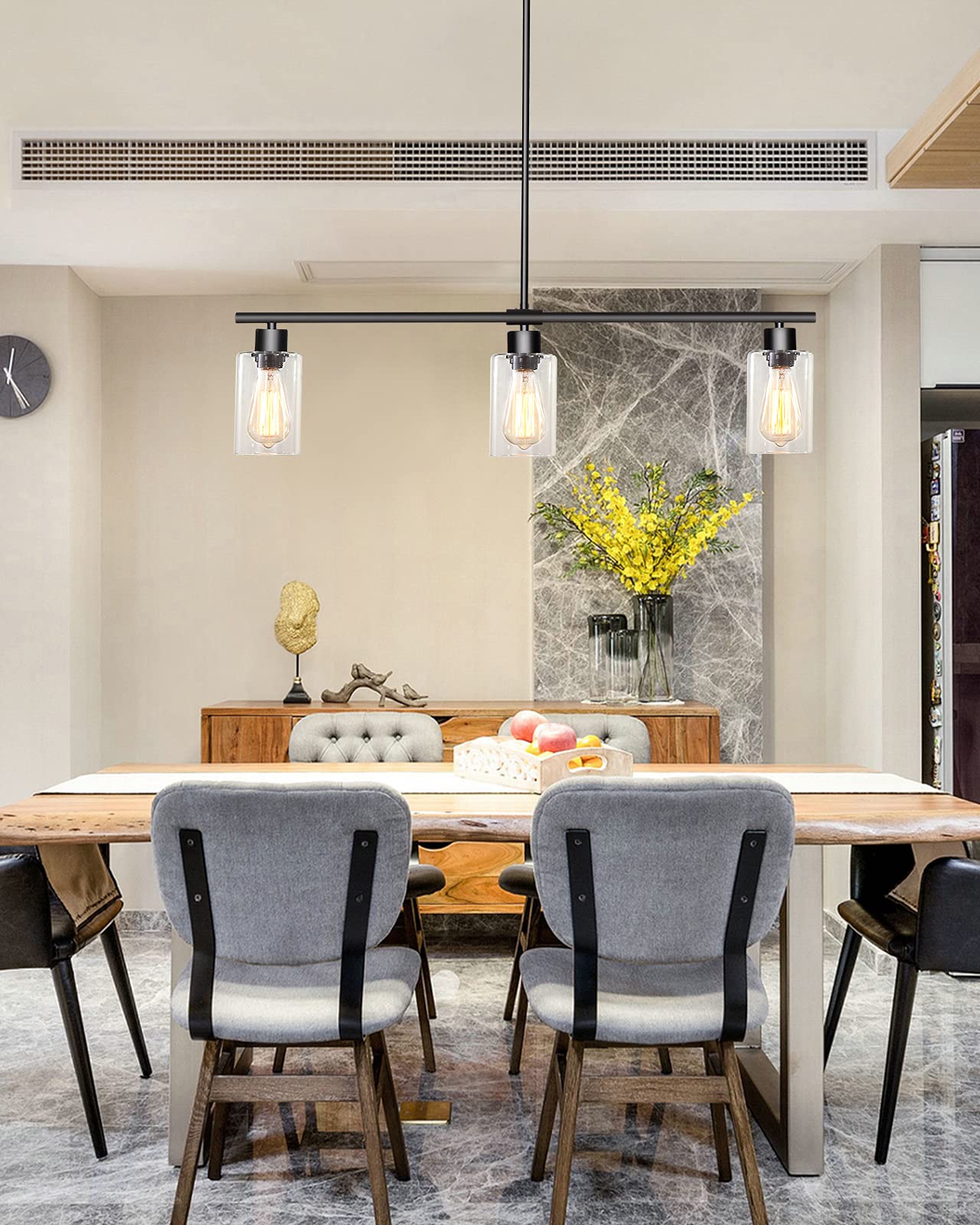 Modern Black Farmhouse Chandelier - 3-Light Pendant Lighting for Kitchen Island, Dining Room & Living Room | Glass Shade Ceiling Hanging Light Fixture | Perfect for Entryway, Foyer & Home Decor