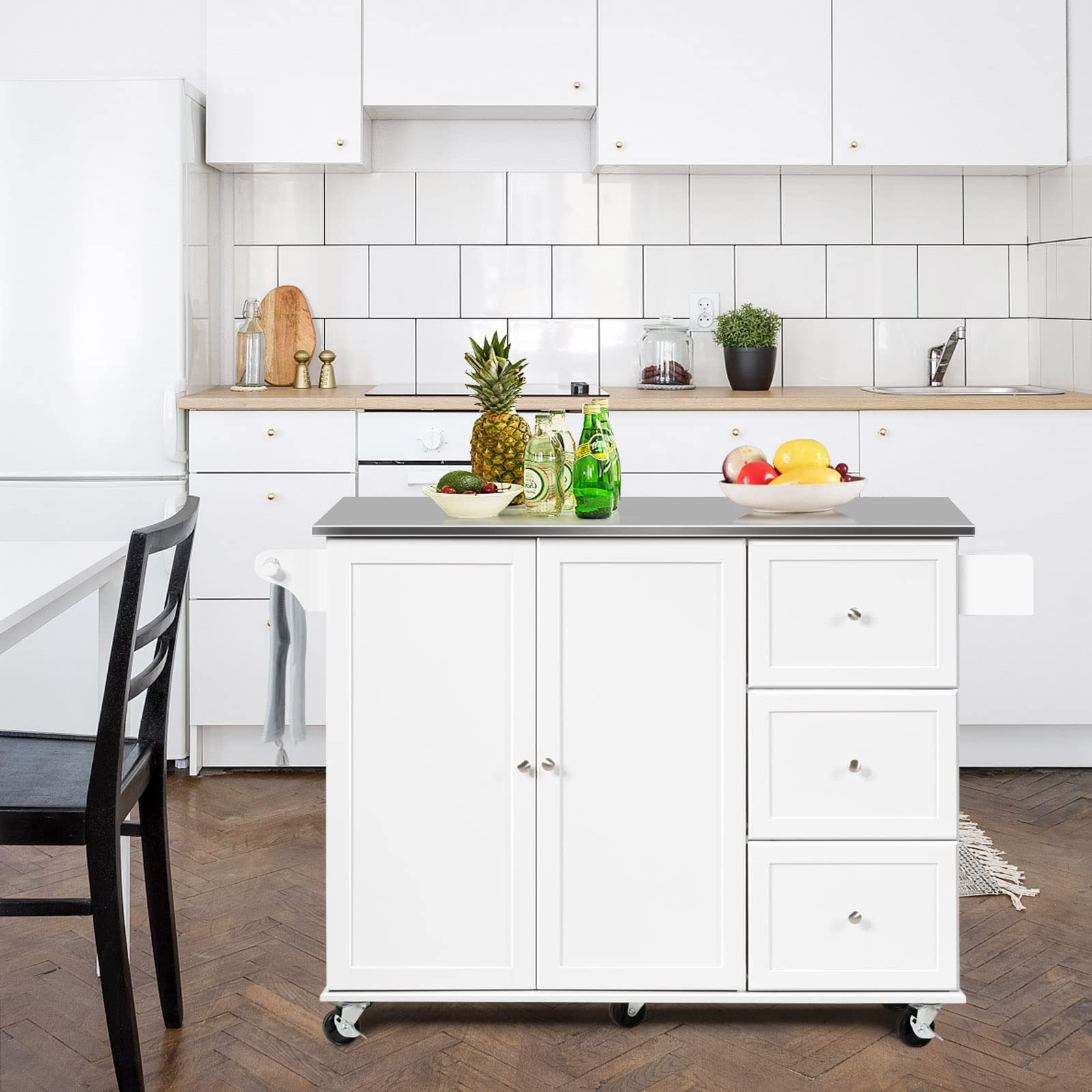 GOFLAME Stainless Steel Kitchen Island Cart with Wheels - Mobile Kitchen Cart with Storage Shelves & Towel Rack - Rolling Kitchen Trolley for Dining Room, Home Kitchen & Restaurant Use (White) - Perfect for Food Prep, Serving & Extra Counter Space