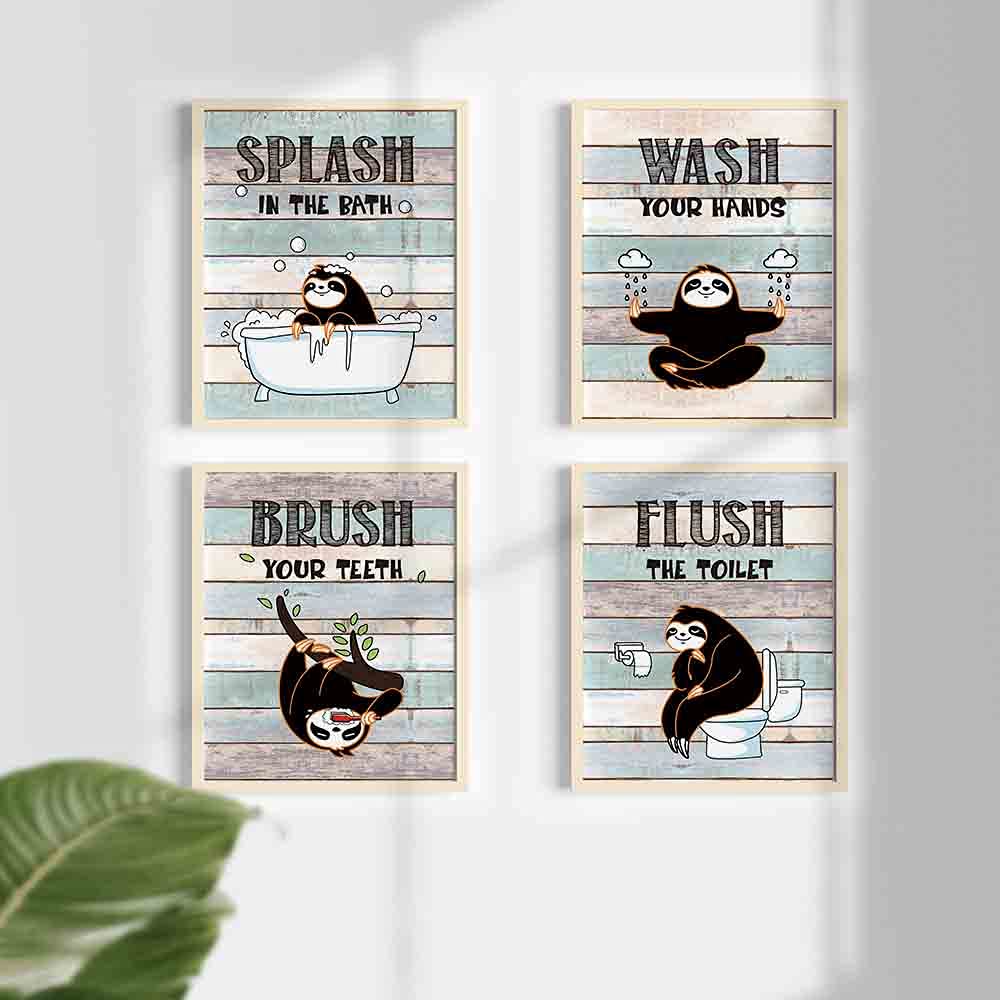 Sloth Wall Art Decor - 4 Set 8”x10” Unframed Rustic Bathroom Posters for Kids & Sloth Lovers - Inspirational Wash Brush Flush Nursery Decor - Perfect for Bathrooms, Playrooms & Kids' Bedrooms