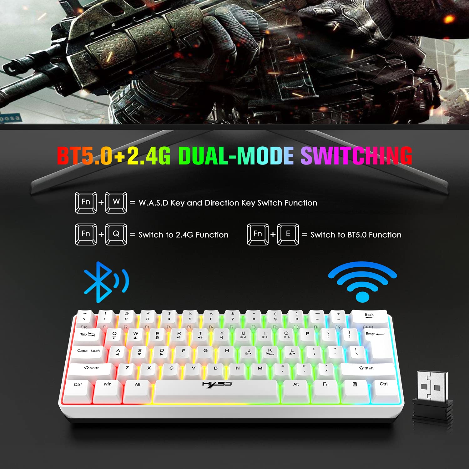 Rechargeable Bluetooth 5.0 & 2.4G Wireless/USB Wired Dual-Mode RGB Backlit Gaming Keyboard - 61-Key Compact Mechanical Keyboard with Anti-Ghosting, Wireless Gaming Mouse (750mAh Battery) for PC Gamers - Perfect for Esports, Streaming & Office Work