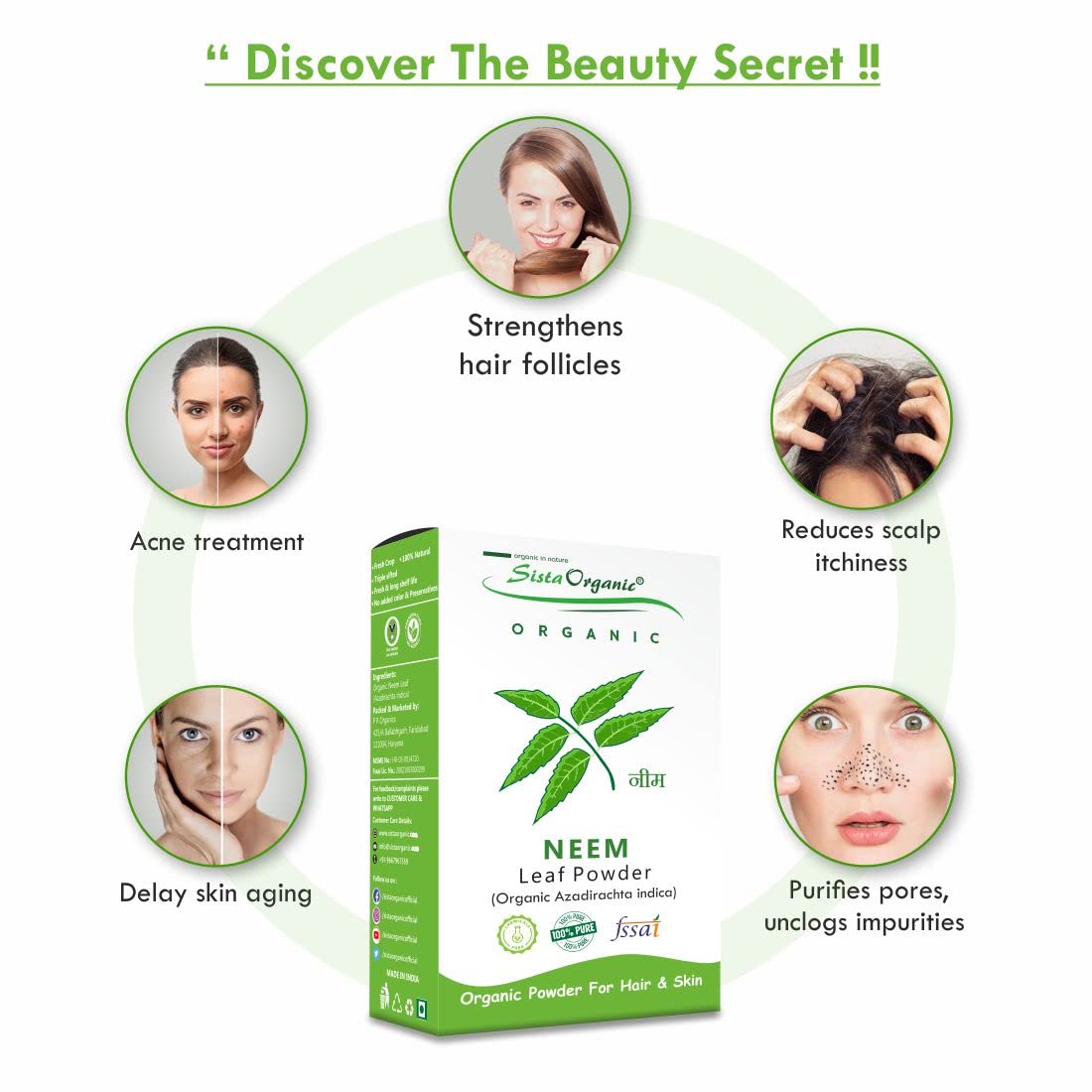 Organic Neem Powder for Clear Skin & Hair Care - Pimple-Free & Natural