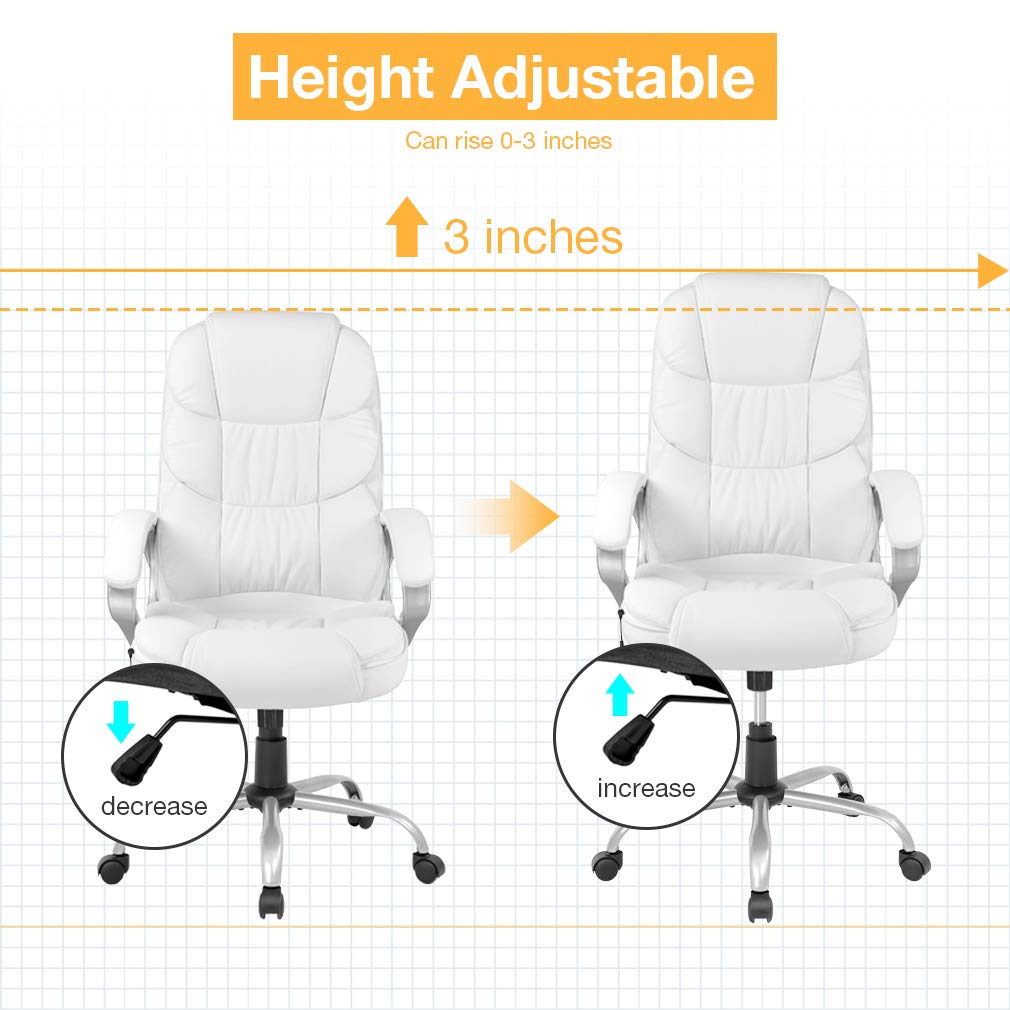 Best Ergonomic Office Chair - White Faux Leather Executive Chair with Lumbar Support, Massage & Vibration, 360° Swivel & Adjustable Armrests - Perfect for Home Office, Gaming, and Corporate Workspaces