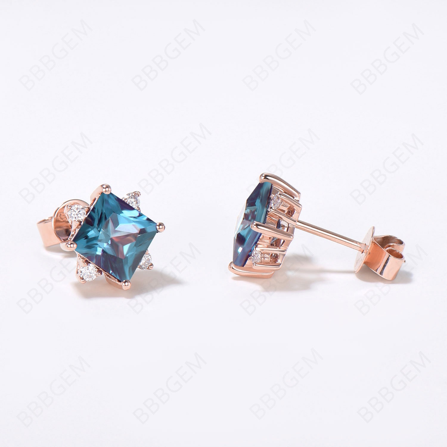 Princess Cut Alexandrite Stud Earrings - June Birthstone Flower Earrings for Women | Minimalist Wedding Jewelry, Anniversary Gift & Everyday Wear