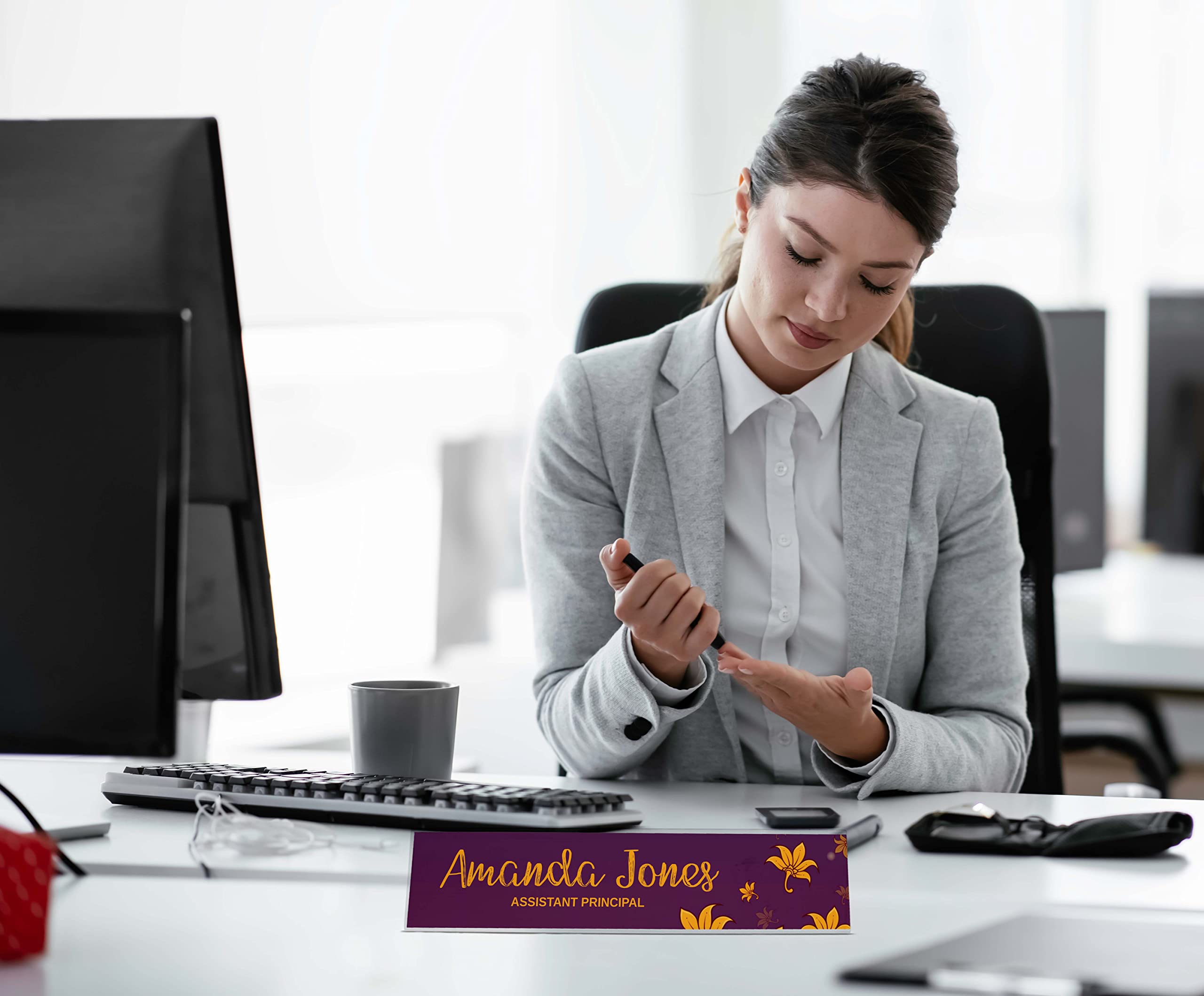 Personalized Acrylic Desk Name Plate - Custom Office Name Sign with Pretty Leaf Design (2x8 Inches) - Perfect for Workstations, Home Offices & Corporate Gifts