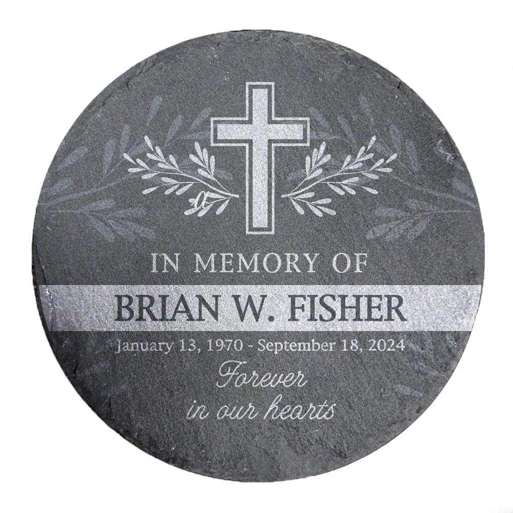 Personalized Engraved Cross with Leaves Memorial Garden Stone - 10 Inch Round Slate Headstone for Graves - Sympathy Gift for Loved Ones - Perfect for Cemetery Markers, Temporary Grave Decorations & Memorial Tributes