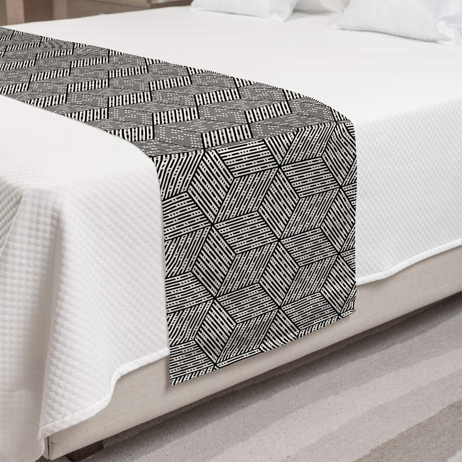 Ambesonne Geometric Bed Runner - Modern Mosaic Design with Cubic Forms & Abstract Stripes - Decorative Bed Scarf for Hotels, Homes & Guest Rooms - Charcoal Grey & Ivory - Perfect for Master Bedrooms, Luxury Hotels & Airbnb Styling