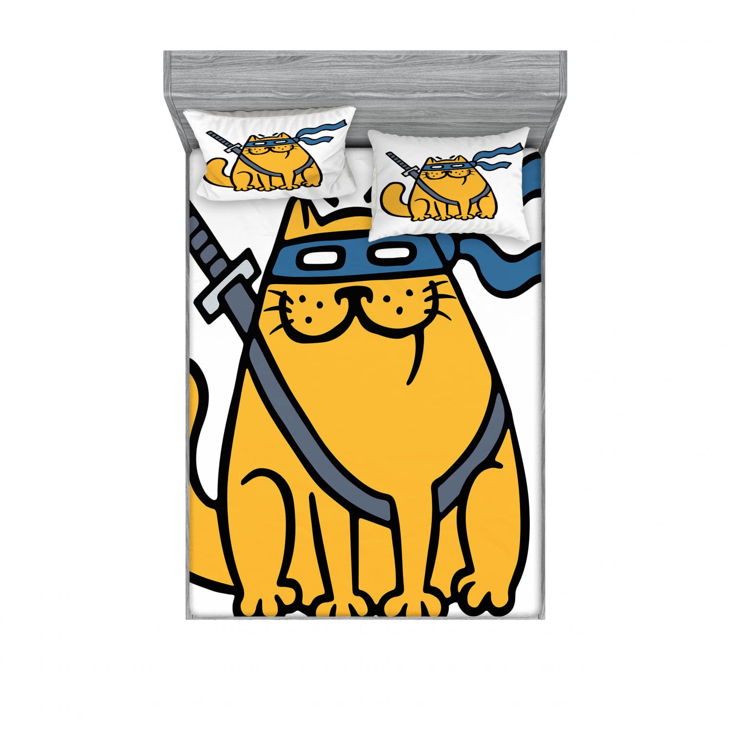 Ambesonne Ninja Cat 2-Piece Queen Size Fitted Sheet Set with 4 Pillow Shams - Blindfolded Hero Pet Design in Marigold Slate Blue - Soft Bedding Decor for Kids Room, Dorm, or Anime Themed Bedroom