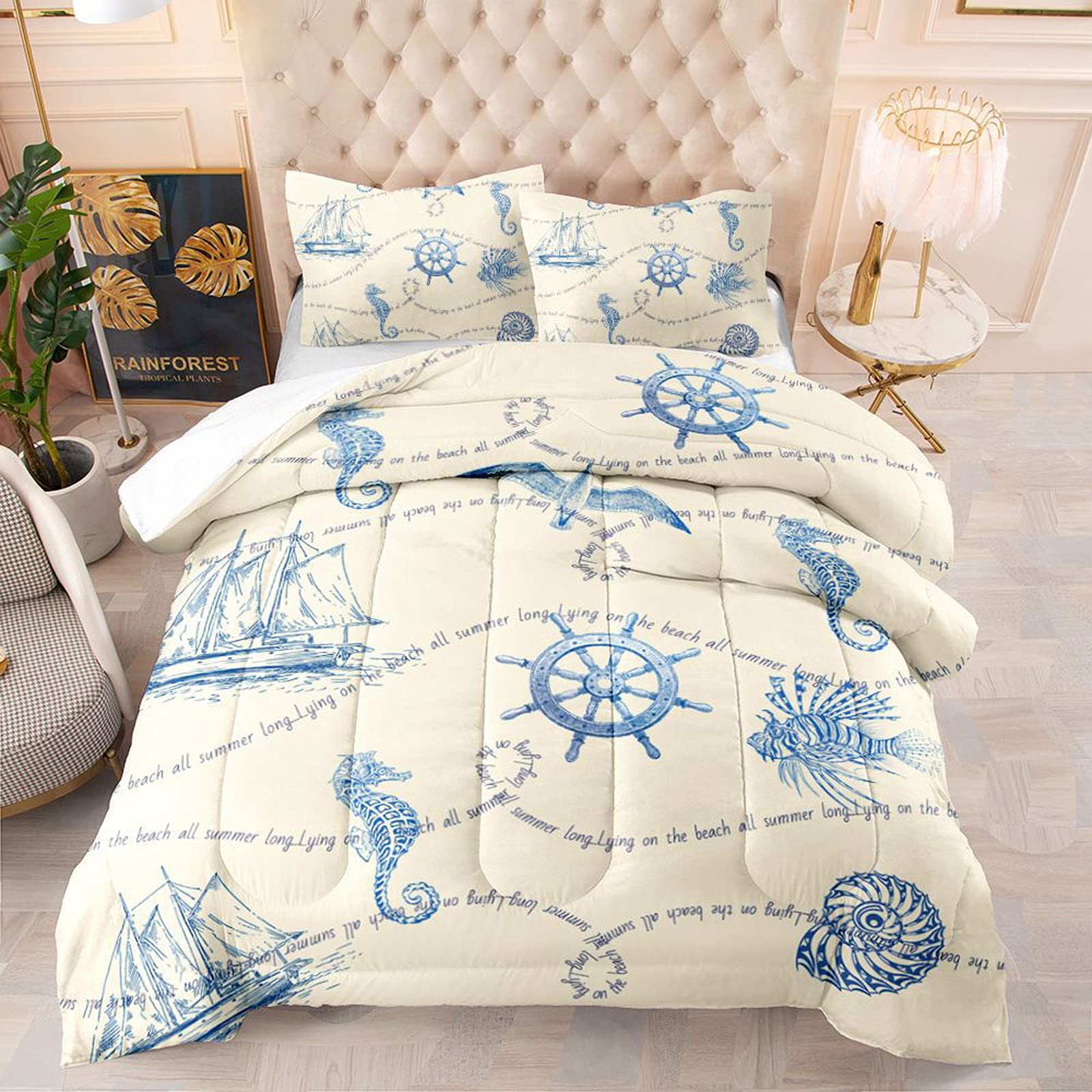 Nautical King Size 3-Piece Comforter Set - Coastal Anchor, Conch, Sailboat & Seahorse Design, 1 Comforter + 2 Pillow Shams | Perfect for Beach House Decor, Master Bedroom & Coastal Theme Bedding