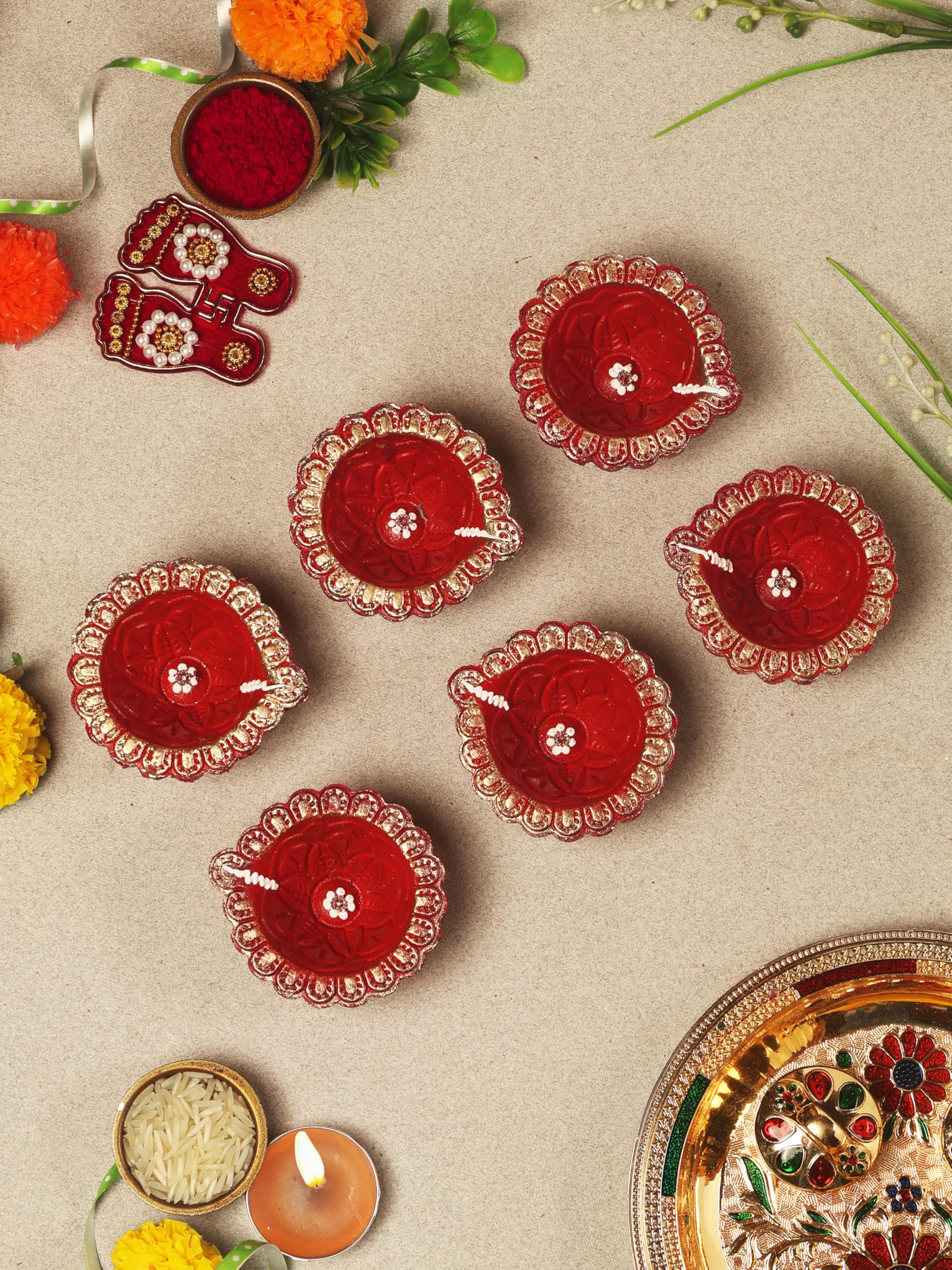 Handmade Terracotta Set of 6 Red Traditional Clay Diya - Indian Oil Lamps for Diwali, Navratri & Puja Decorations | Tea Light Candle Holders | Eco-Friendly Festival Gifts for Home, Temple & Wedding Decor