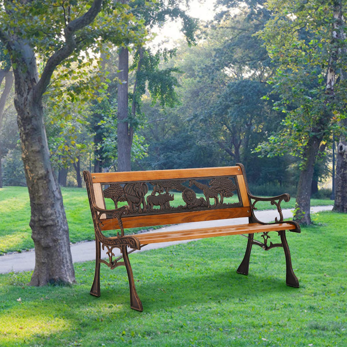 Kids Wooden Outdoor Garden Bench with Bronze Animal Pattern - Durable Park Bench for Patio, Yard, Porch & Entryway - Perfect for Playgrounds, Backyards & Outdoor Seating