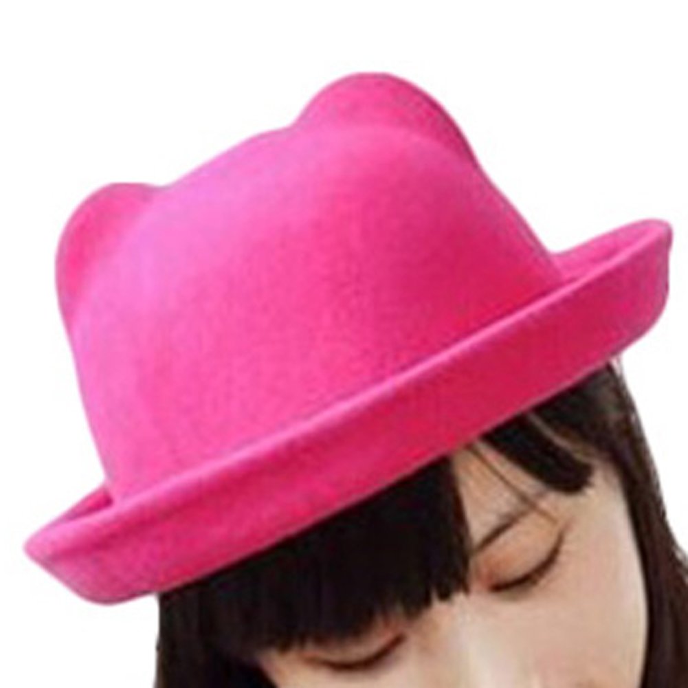 Women's Stylish Candy Color Wool Roll-Up Bowler Derby Cap with Cat Ears - Fashionable Winter Hat for Outdoor Activities, Parties & Cosplay