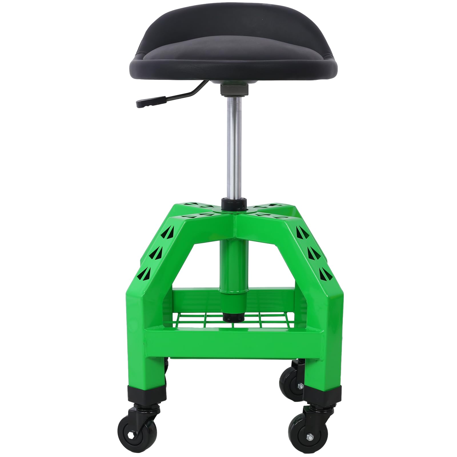 Heavy Duty Green Rolling Shop Stool - 300 Lbs Capacity Adjustable Height Pneumatic Swivel Stool with Tool Storage | Perfect for Workshop, Garage & Industrial Use