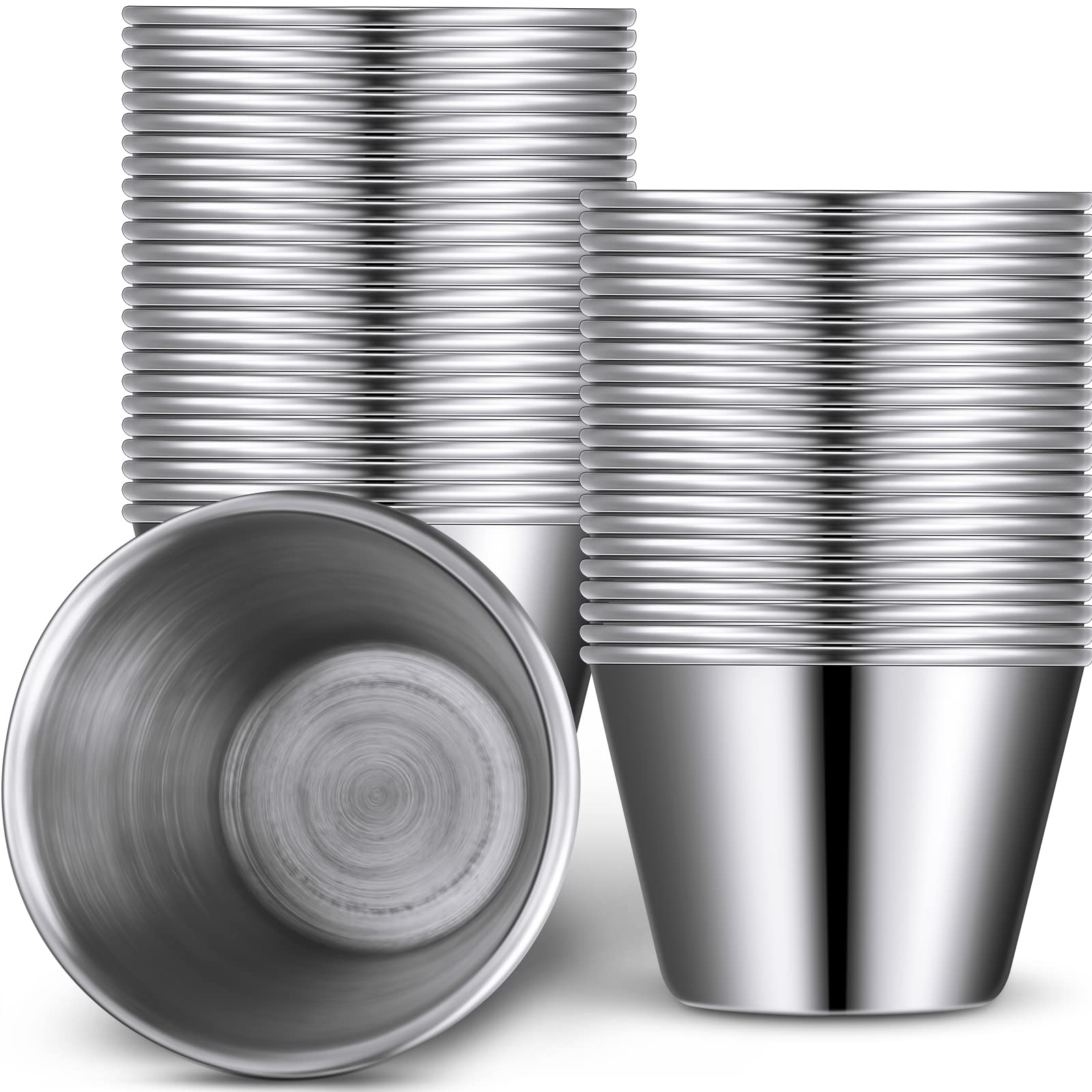 48 Pack 2.5 oz Stainless Steel Ramekins - Small Metal Sauce Cups for Condiments, Dipping Sauces, Butter & Ice - Perfect for Kitchen, Restaurant, Catering, Camping, BBQ & Party Serving (Round Containers for Vinegar, Dressings & Food Presentation)