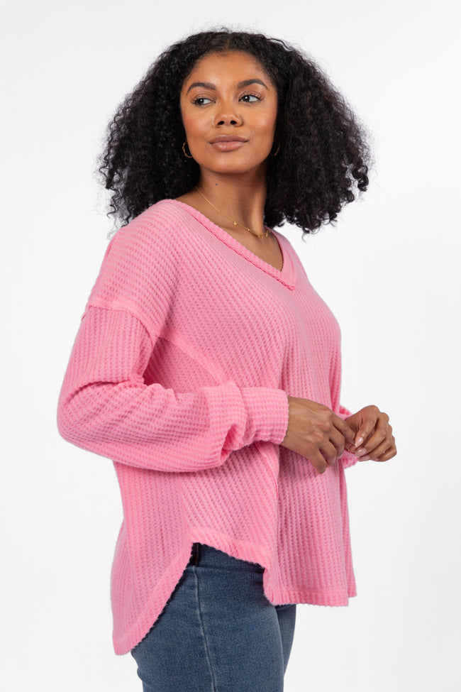 Idle Hands Pink Waffle Knit V-Neck Oversized Sweater Top for Women | Cozy Casual Wear | Perfect for Fall & Winter Outfits, Date Nights and Lounge