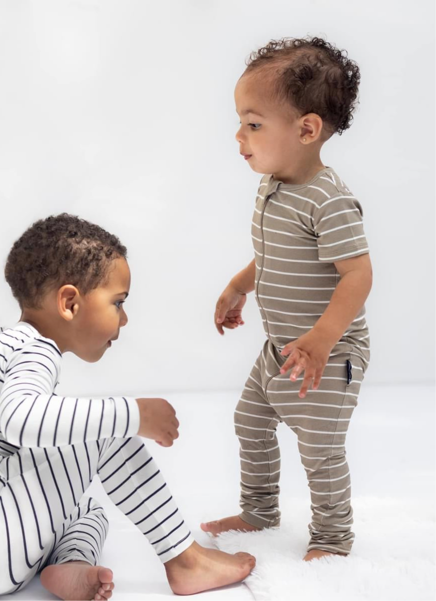 LB x Baby Breez Short Sleeve Pinstripe Romper Pajamas - Soft Cotton Sleepwear for Babies & Toddlers (Khaki Green/White) - Perfect for Nursery, Bedtime & Playtime