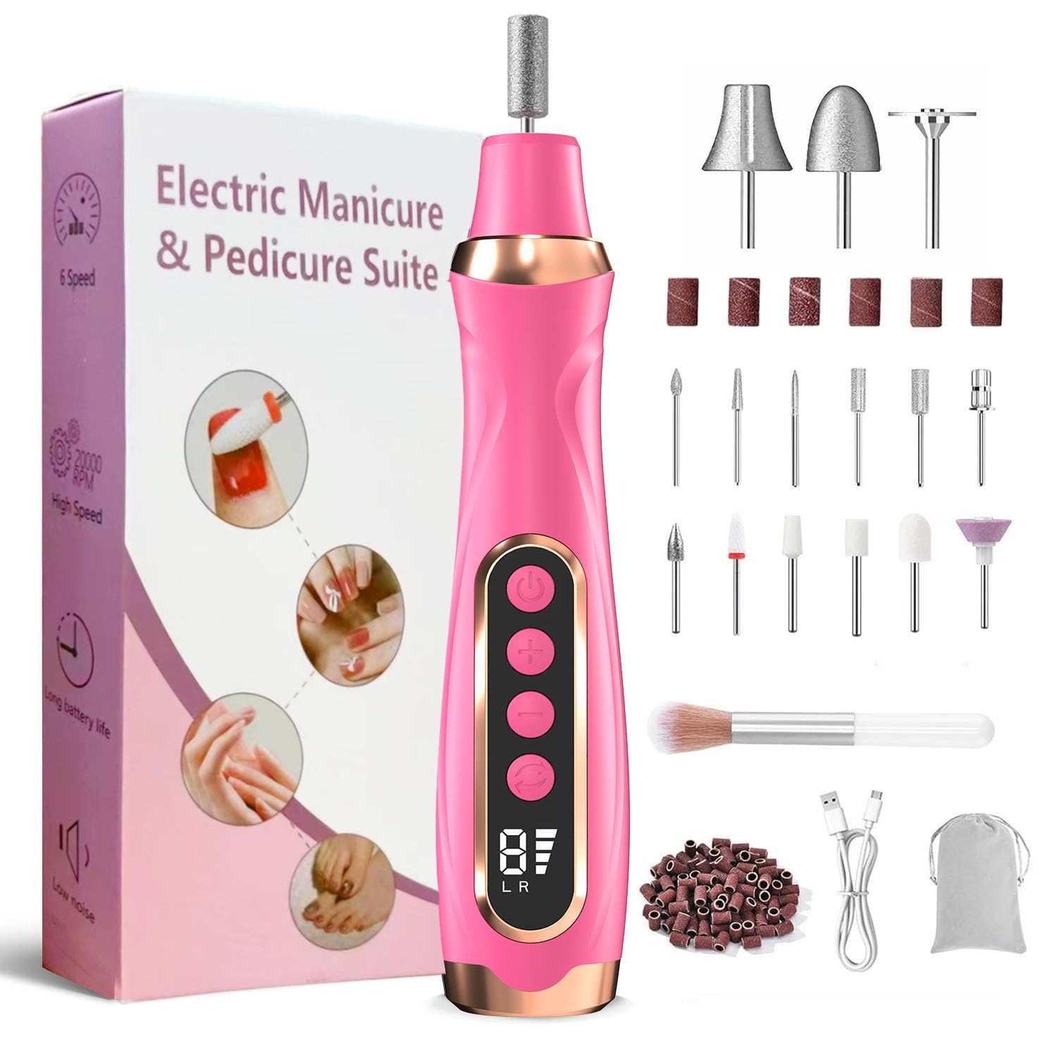 Professional Cordless Electric Nail Drill Kit - 6 Speed Manicure Pedicure Set for Thick Nails & Cuticle Care | Rechargeable Nail File Tool for Hand & Foot Care (Rose) | Perfect for Home Salon, DIY Nail Art & Professional Use